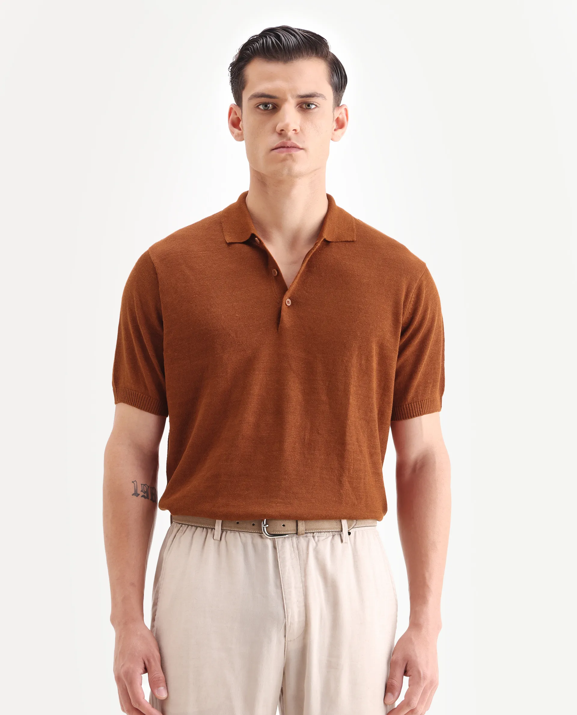 Rare Rabbit Men's Mekko-25 Rust Cotton Blend Plain Regular Fit Half Sleeve Polo - Image 4