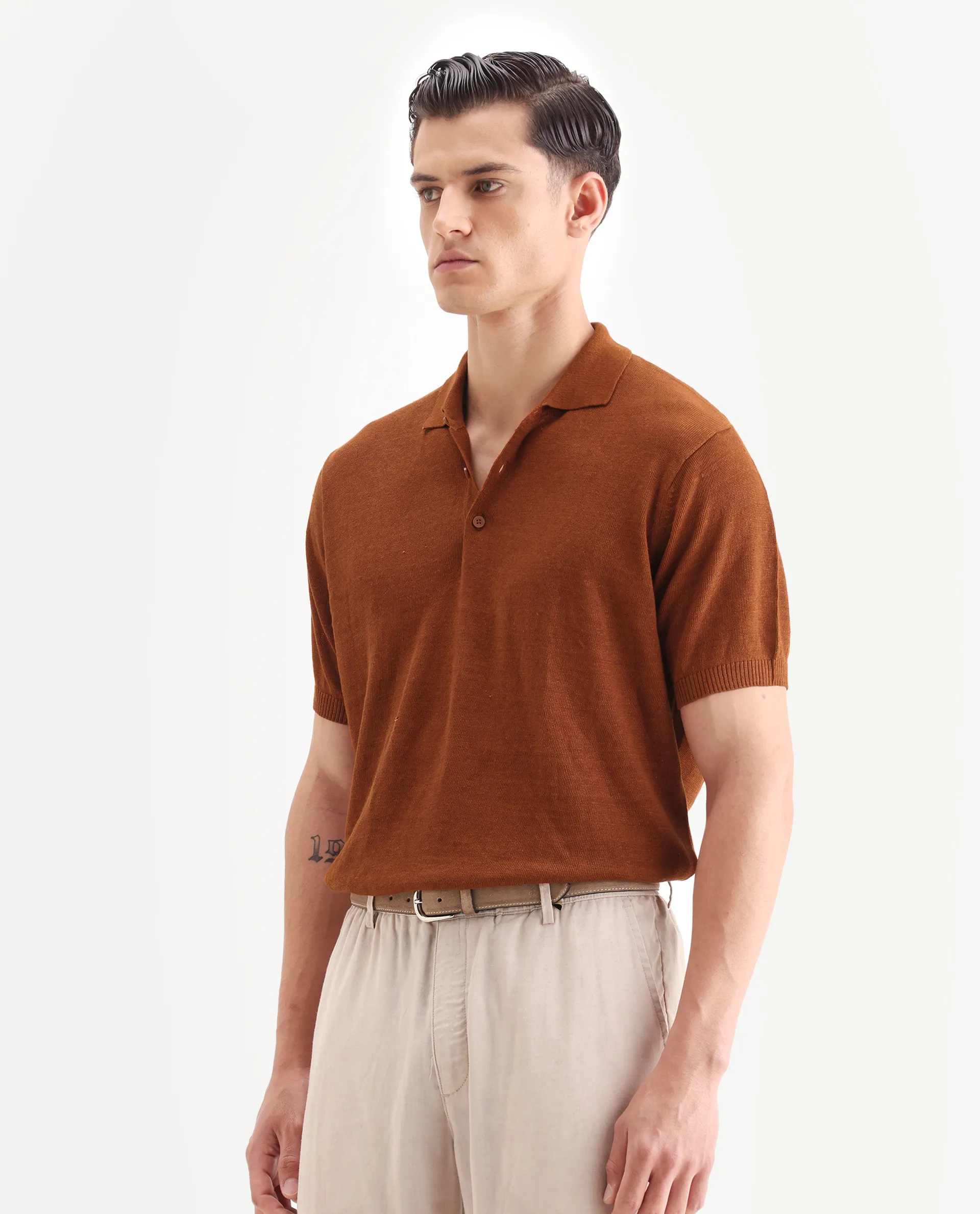 Rare Rabbit Men's Mekko-25 Rust Cotton Blend Plain Regular Fit Half Sleeve Polo - Image 5