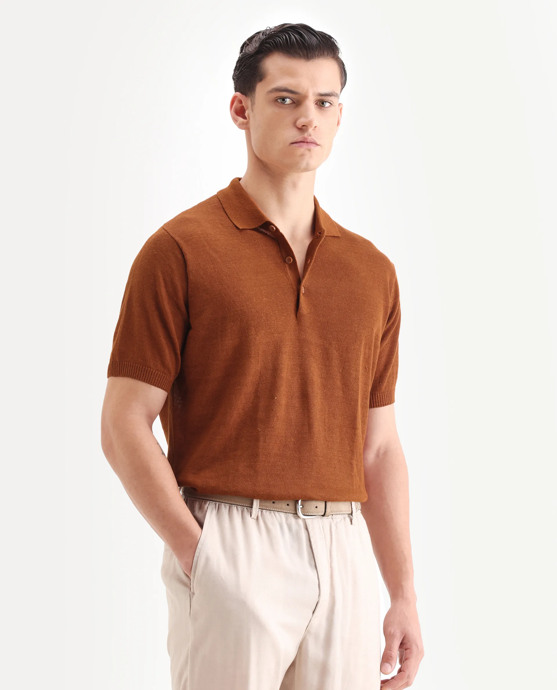 Rare Rabbit Men's Mekko-25 Rust Cotton Blend Plain Regular Fit Half Sleeve Polo - Image 6