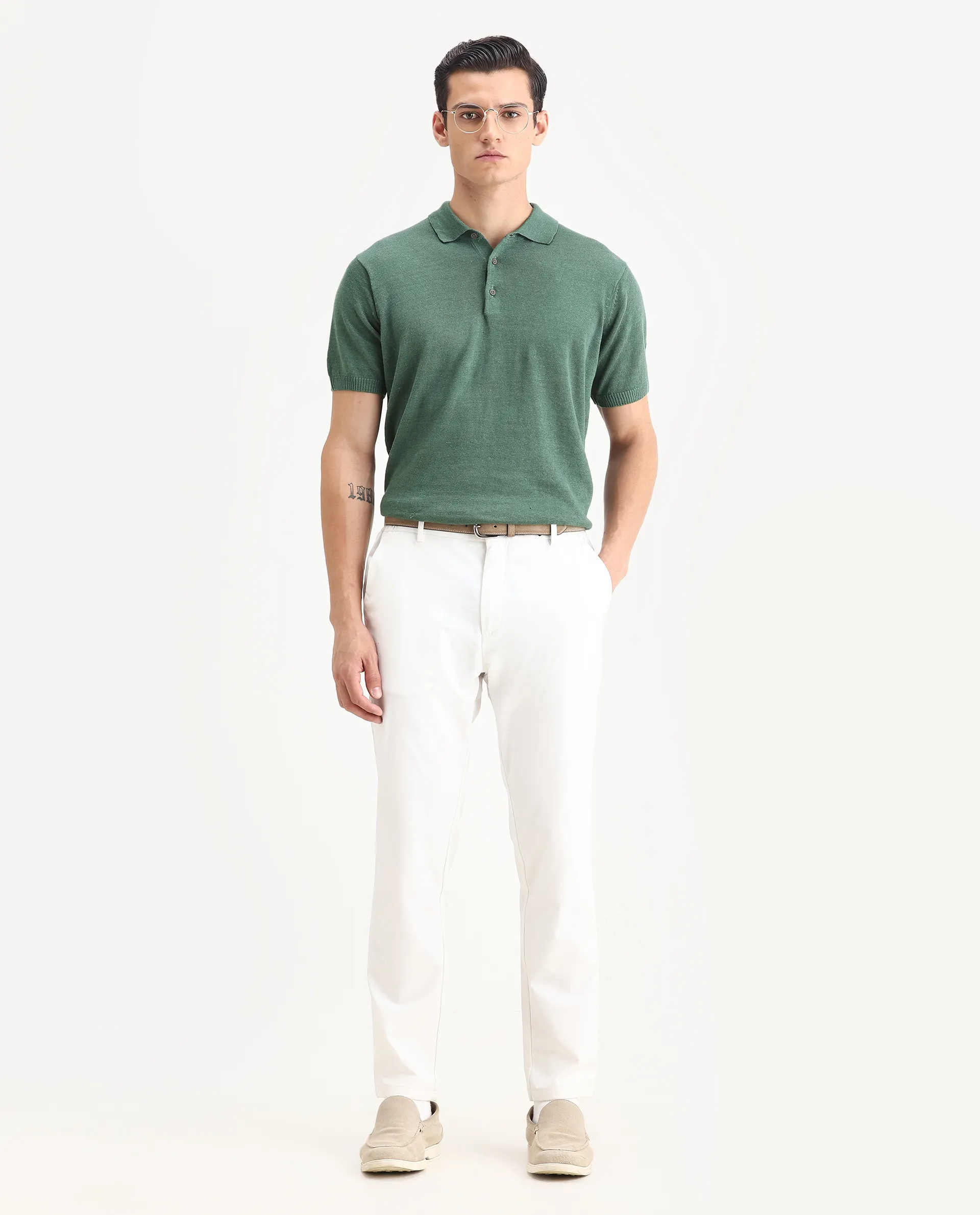 Rare Rabbit Men's Mekko Dusky Green 100% Linen Plain Regular Fit Half Sleeve Polo - Image 2