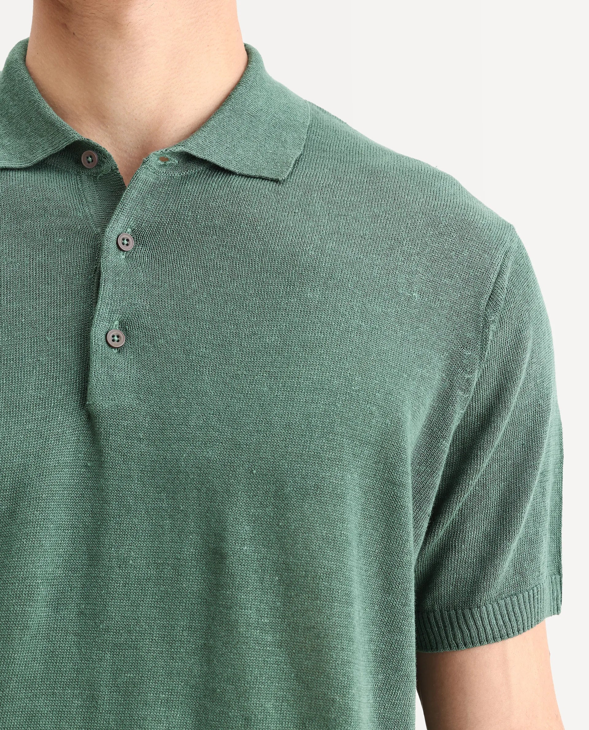 Rare Rabbit Men's Mekko Dusky Green 100% Linen Plain Regular Fit Half Sleeve Polo - Image 3