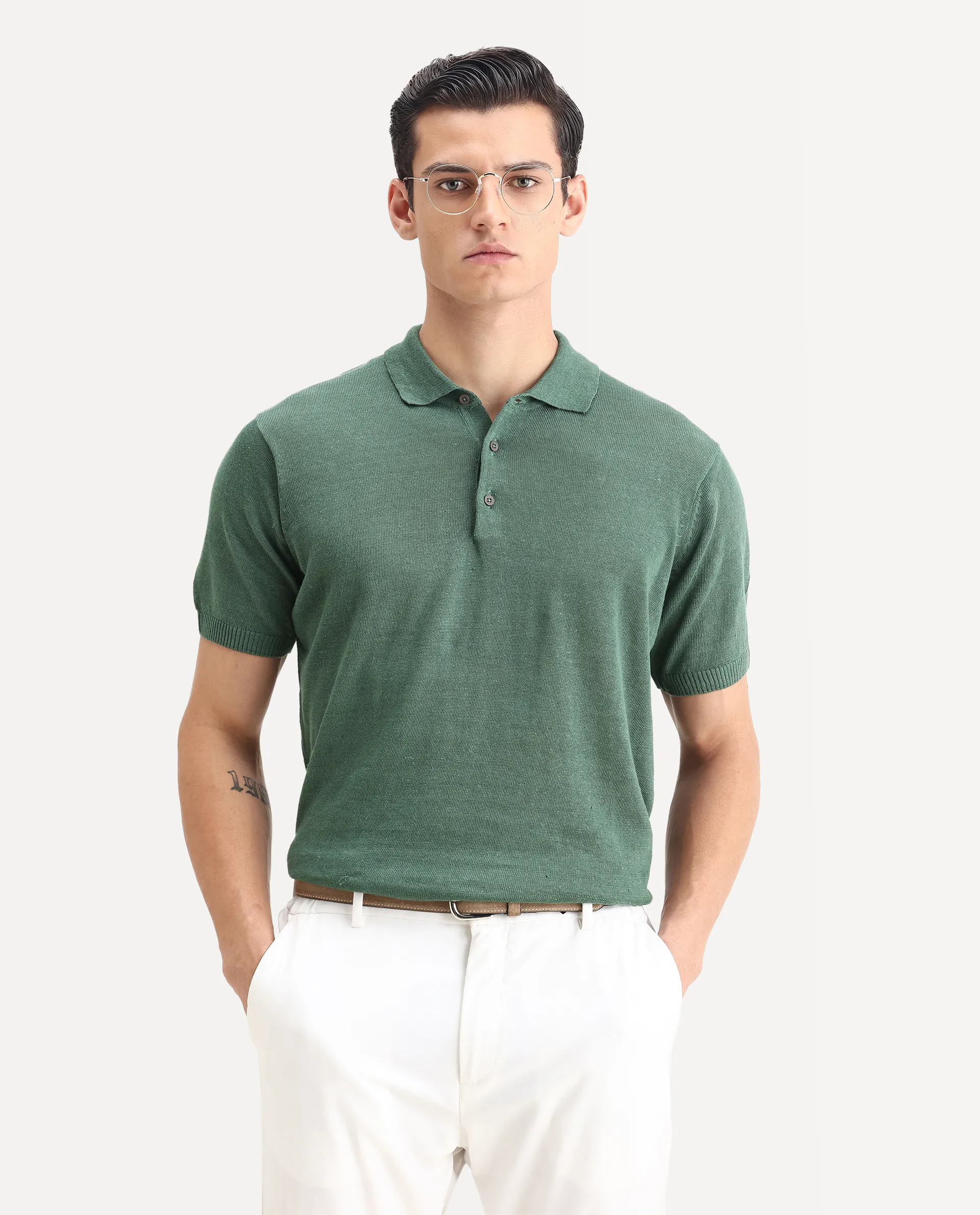 Rare Rabbit Men's Mekko Dusky Green 100% Linen Plain Regular Fit Half Sleeve Polo - Image 6