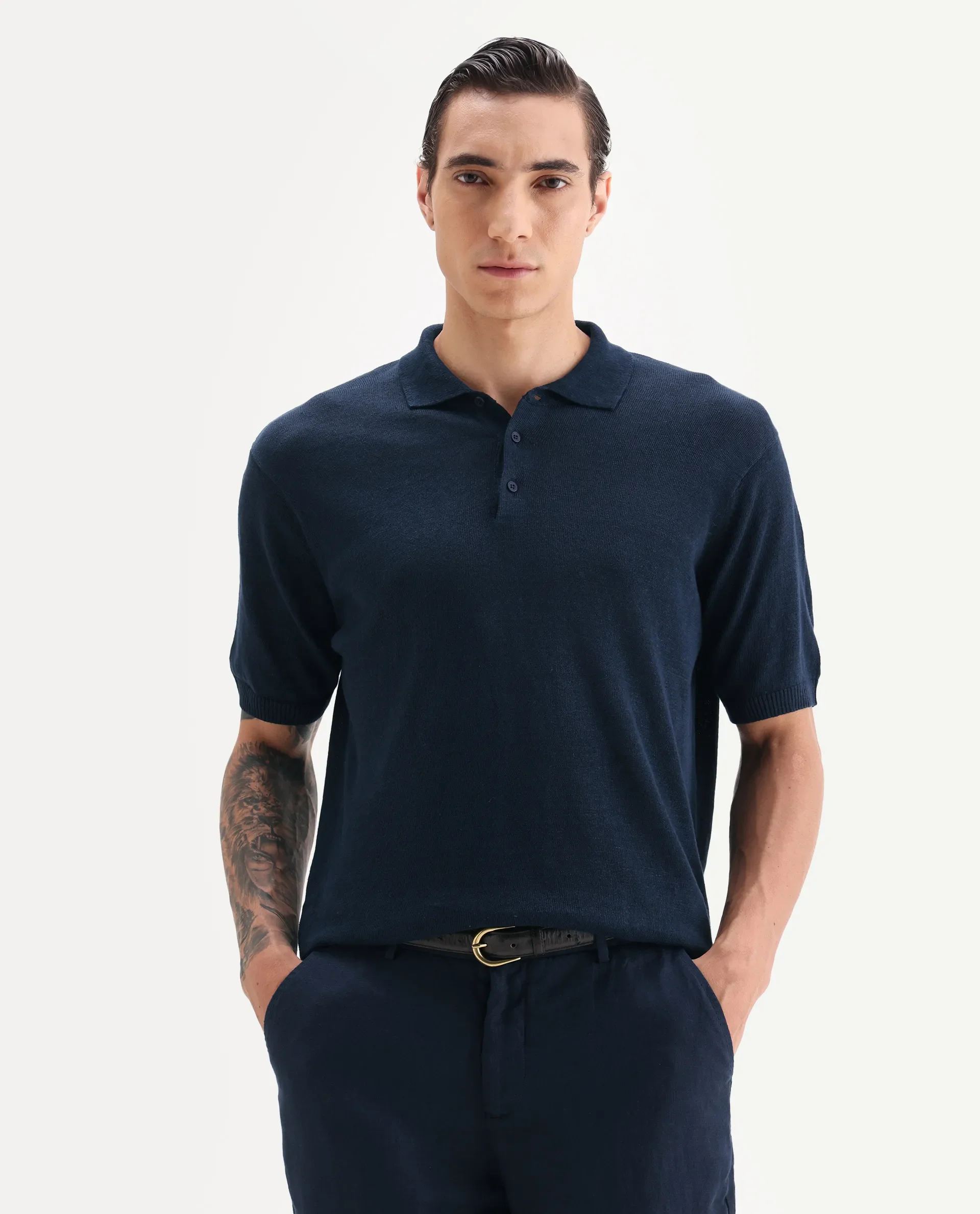 Rare Rabbit Men's Mekko Navy 100% Linen Plain Regular Fit Half Sleeve Polo