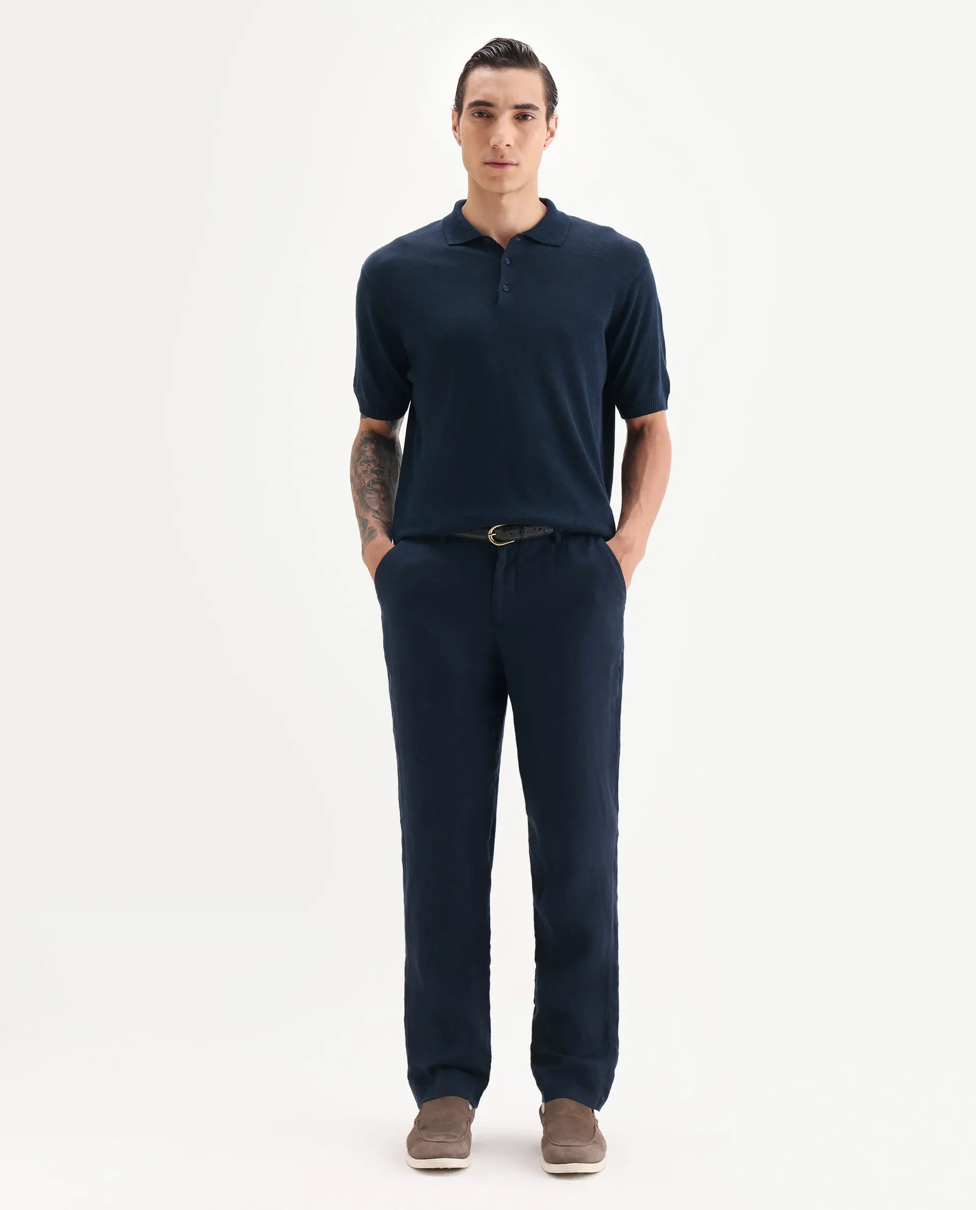 Rare Rabbit Men's Mekko Navy 100% Linen Plain Regular Fit Half Sleeve Polo - Image 2