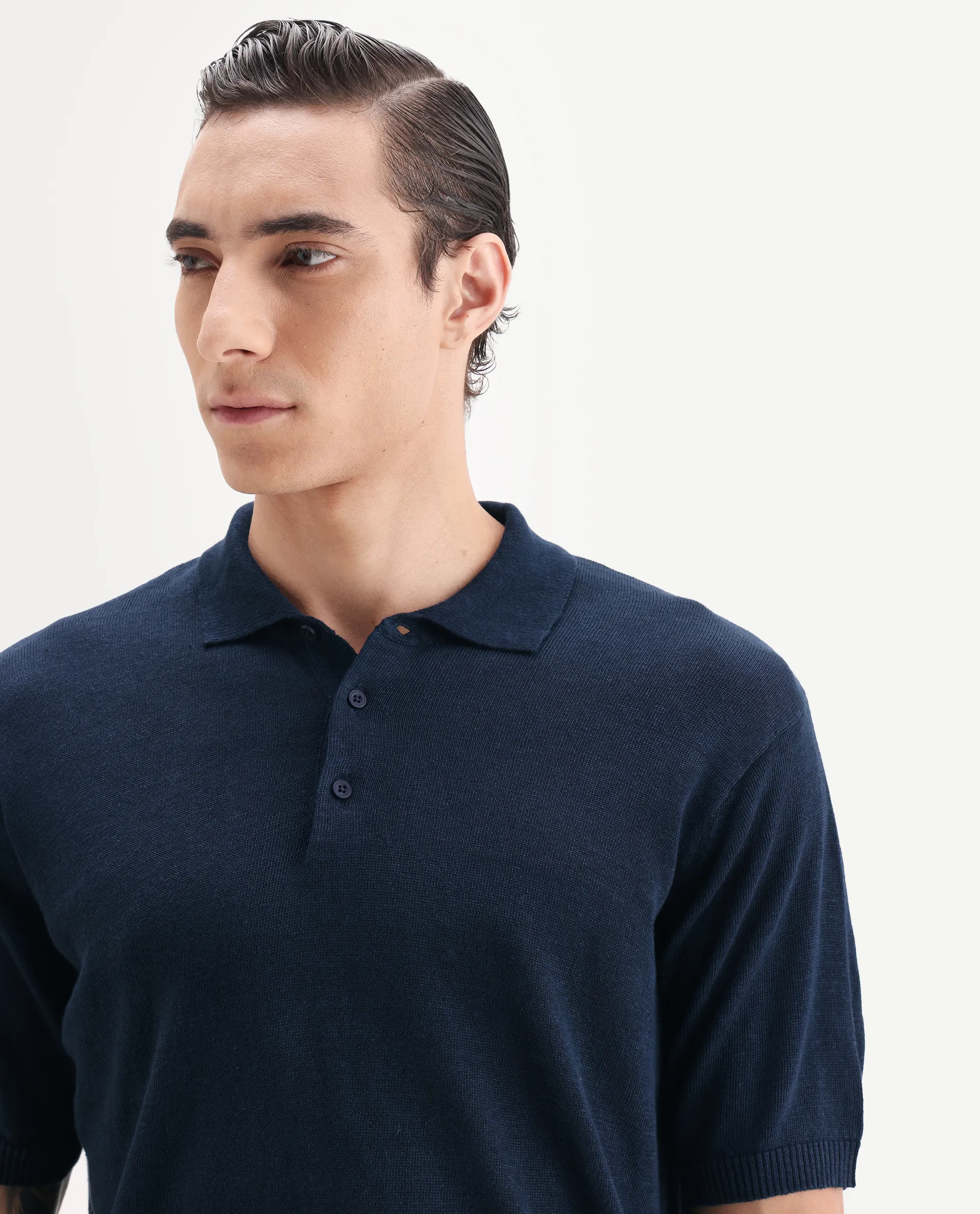 Rare Rabbit Men's Mekko Navy 100% Linen Plain Regular Fit Half Sleeve Polo - Image 3