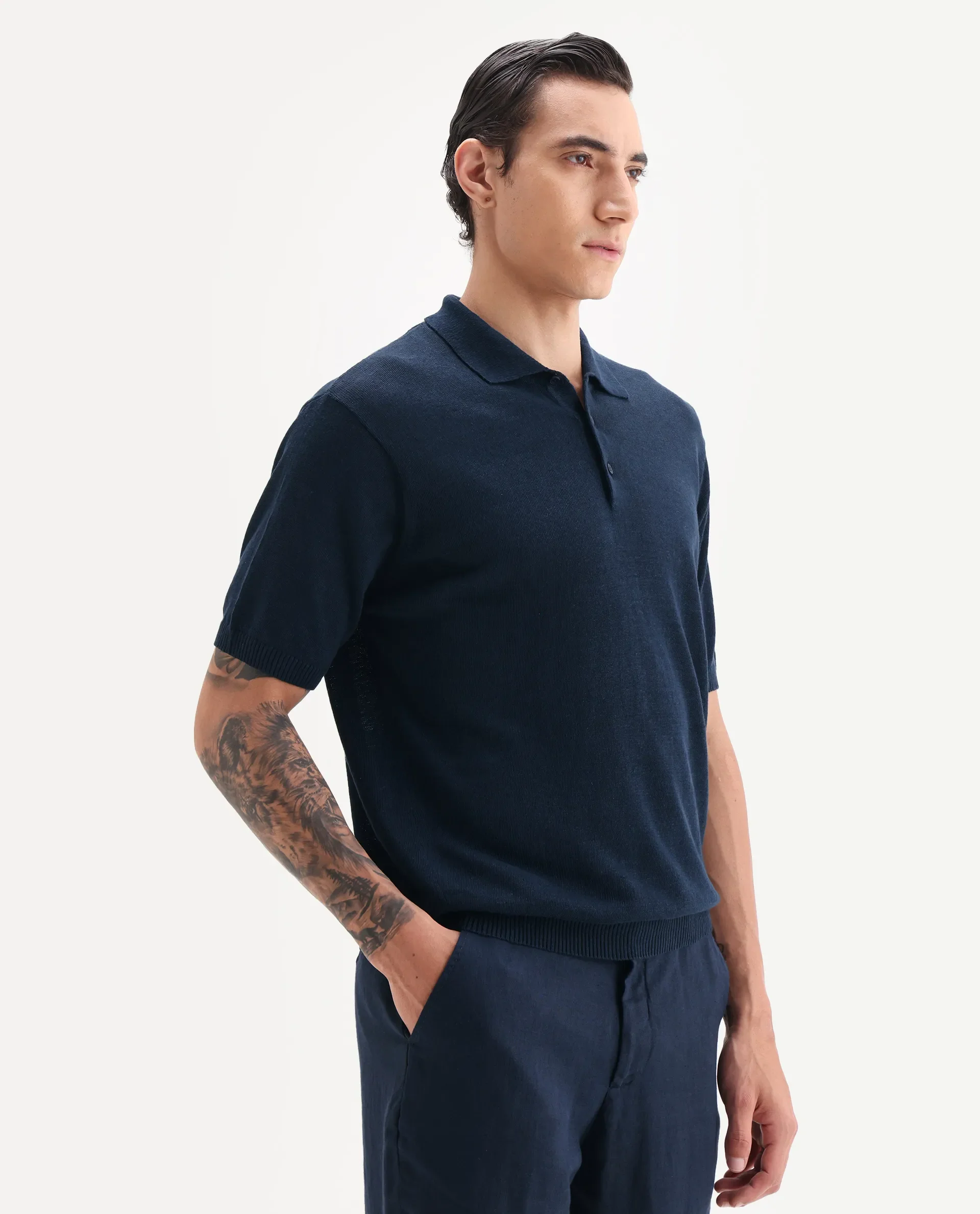 Rare Rabbit Men's Mekko Navy 100% Linen Plain Regular Fit Half Sleeve Polo - Image 4