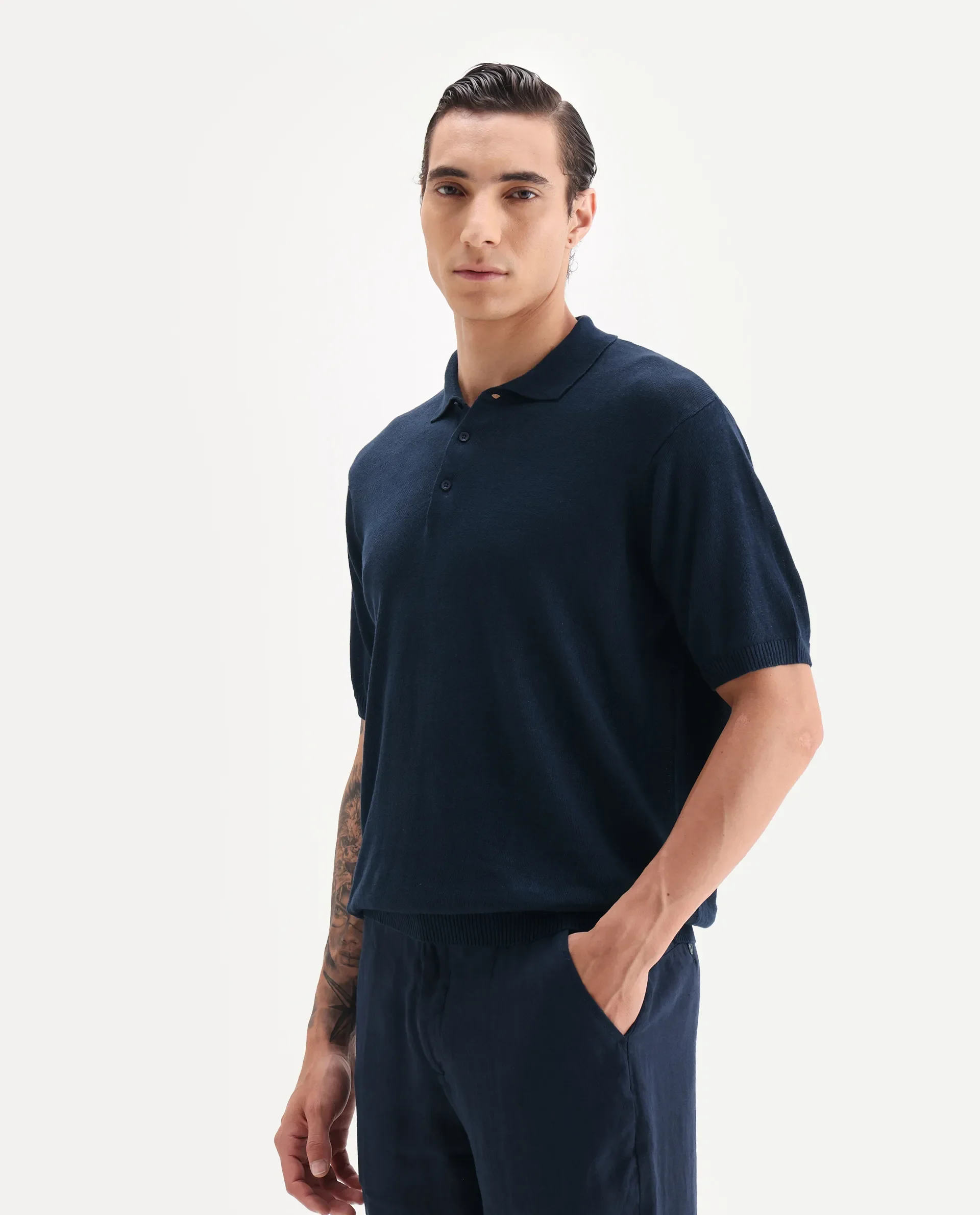 Rare Rabbit Men's Mekko Navy 100% Linen Plain Regular Fit Half Sleeve Polo - Image 5