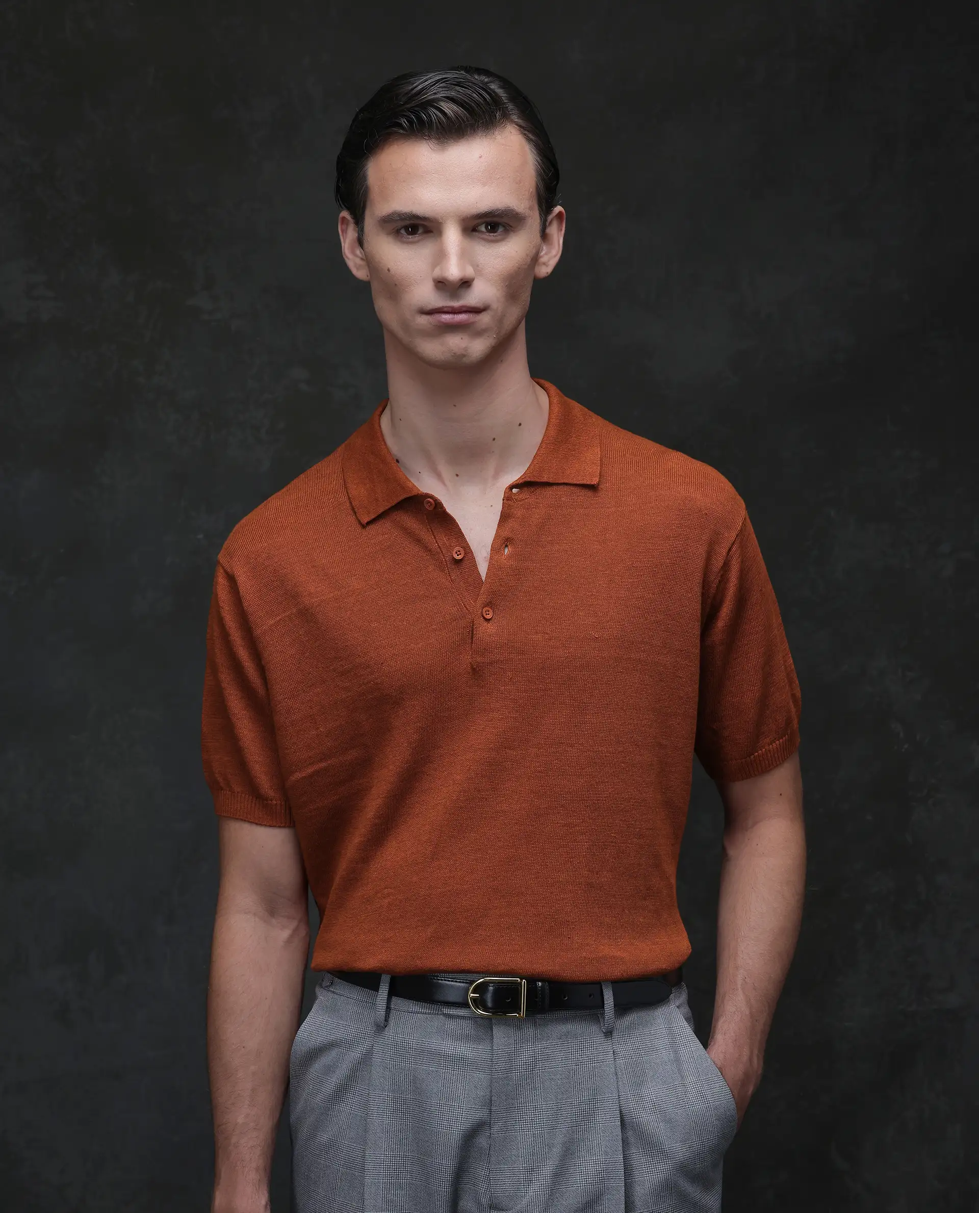 Rare Rabbit Men's Mekko Rust 100% Linen Plain Regular Fit Half Sleeve Polo