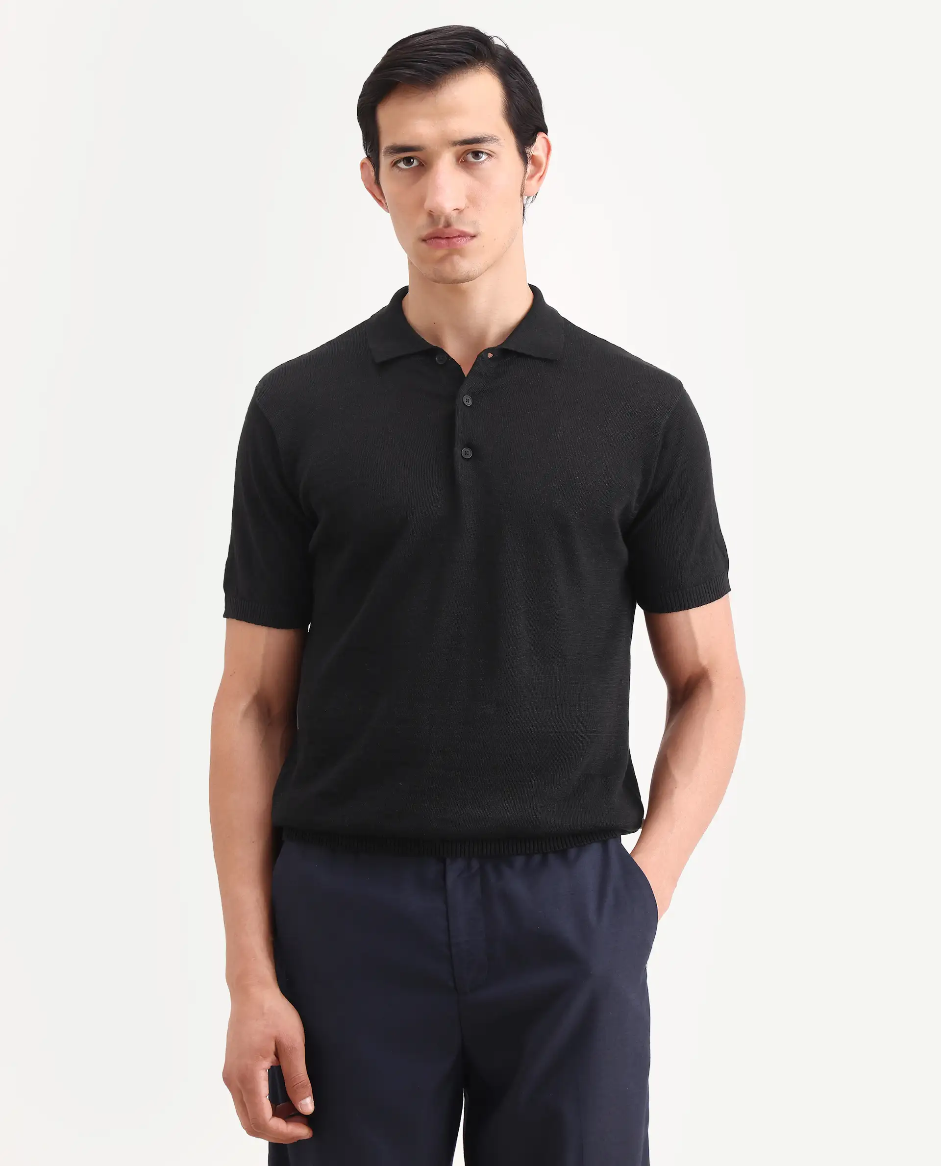 Rare Rabbit Men's Mekko-S26 Black Linen Blend Fabric Half Sleeve Spread Collar Regular Plain Polo