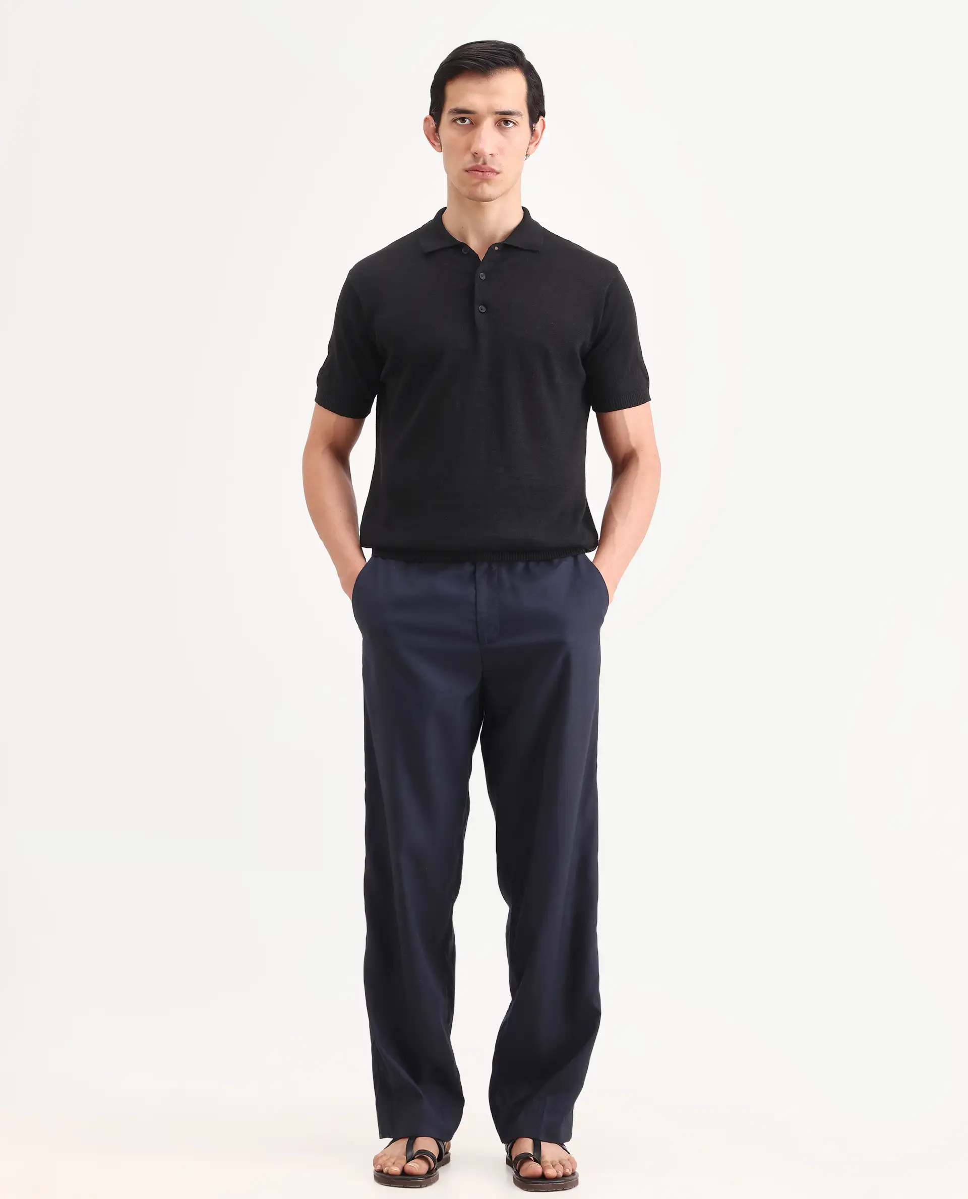 Rare Rabbit Men's Mekko-S26 Black Linen Blend Fabric Half Sleeve Spread Collar Regular Plain Polo - Image 2