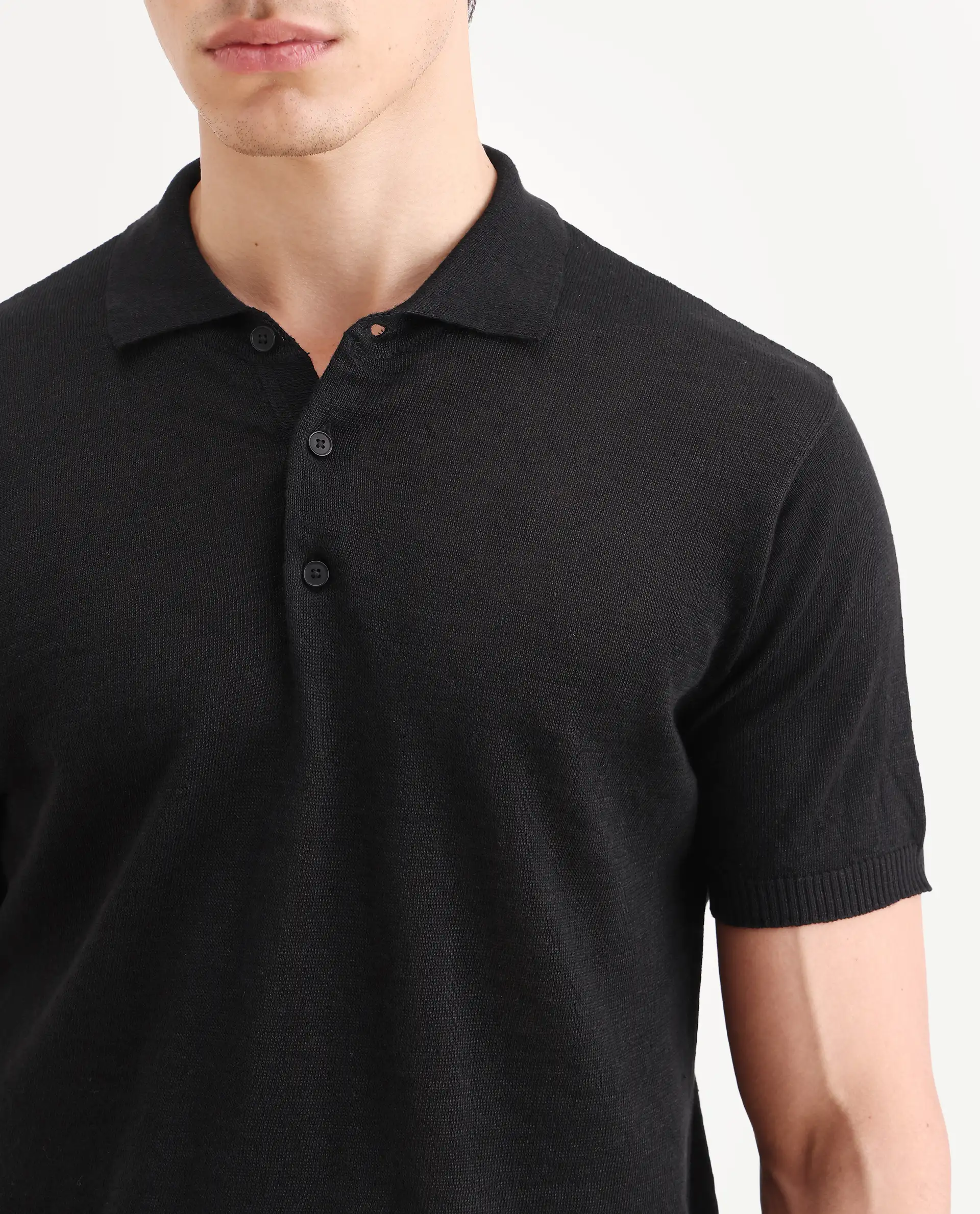 Rare Rabbit Men's Mekko-S26 Black Linen Blend Fabric Half Sleeve Spread Collar Regular Plain Polo - Image 3