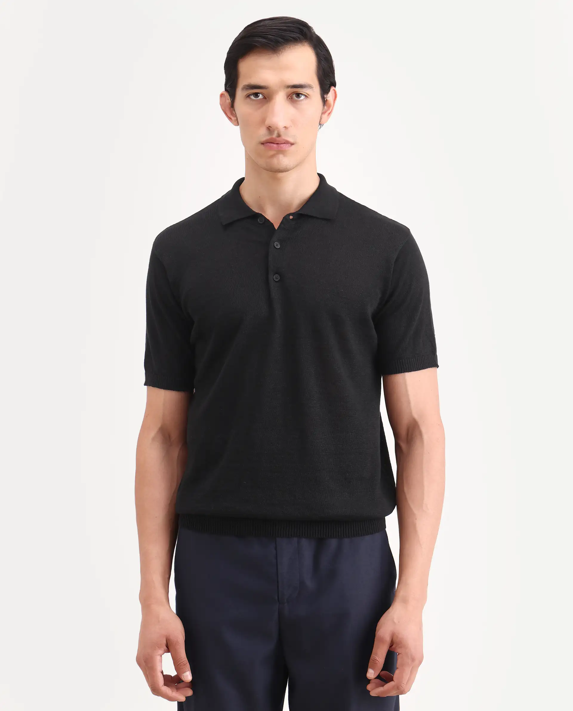 Rare Rabbit Men's Mekko-S26 Black Linen Blend Fabric Half Sleeve Spread Collar Regular Plain Polo - Image 4