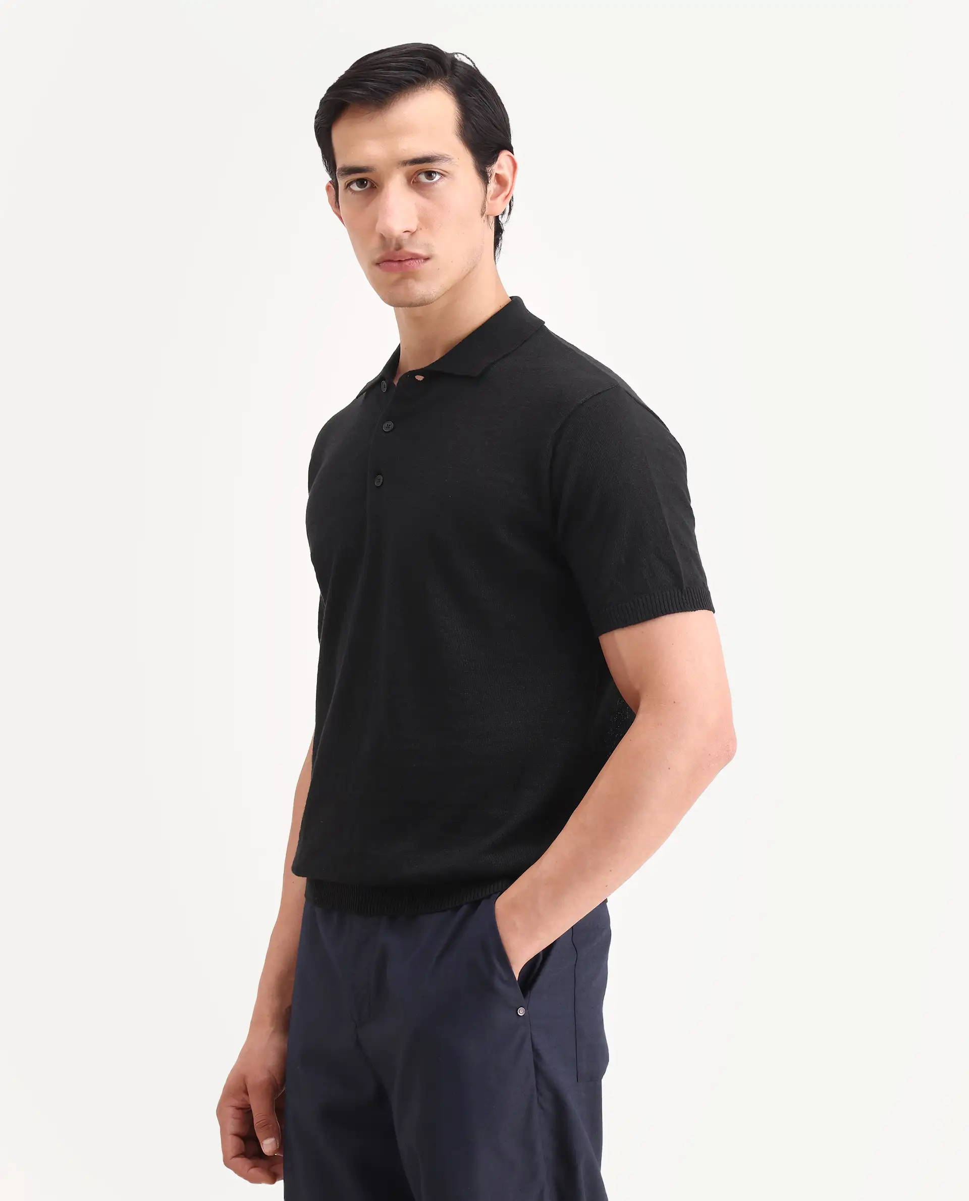 Rare Rabbit Men's Mekko-S26 Black Linen Blend Fabric Half Sleeve Spread Collar Regular Plain Polo - Image 5