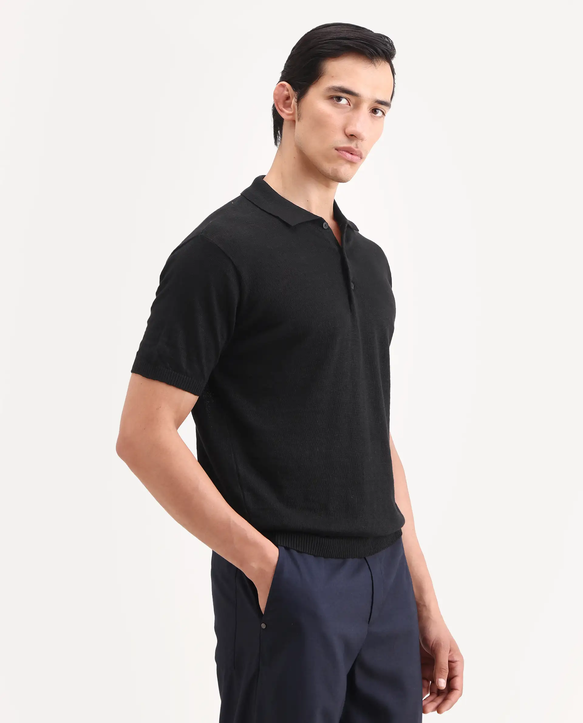 Rare Rabbit Men's Mekko-S26 Black Linen Blend Fabric Half Sleeve Spread Collar Regular Plain Polo - Image 6