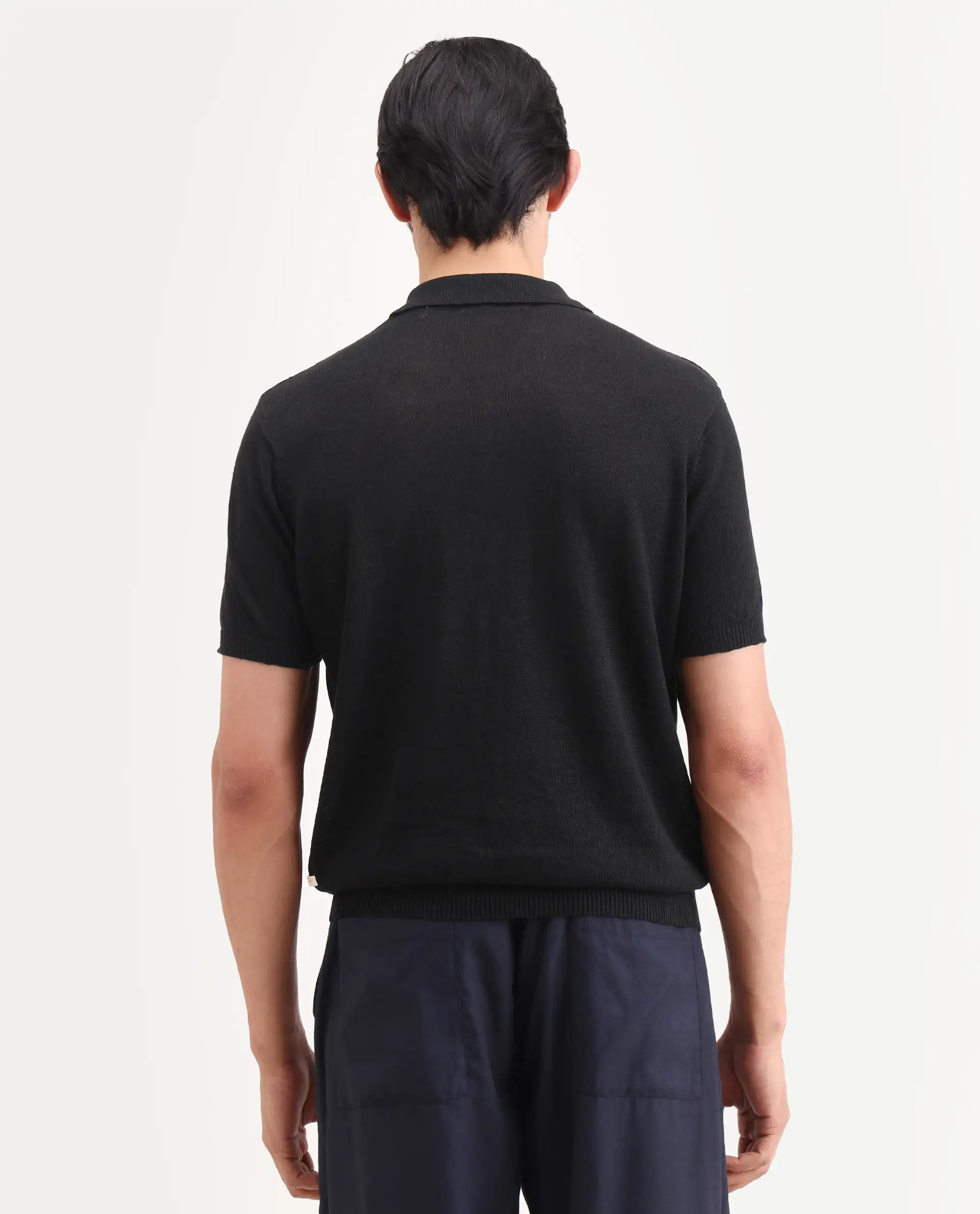 Rare Rabbit Men's Mekko-S26 Black Linen Blend Fabric Half Sleeve Spread Collar Regular Plain Polo - Image 7