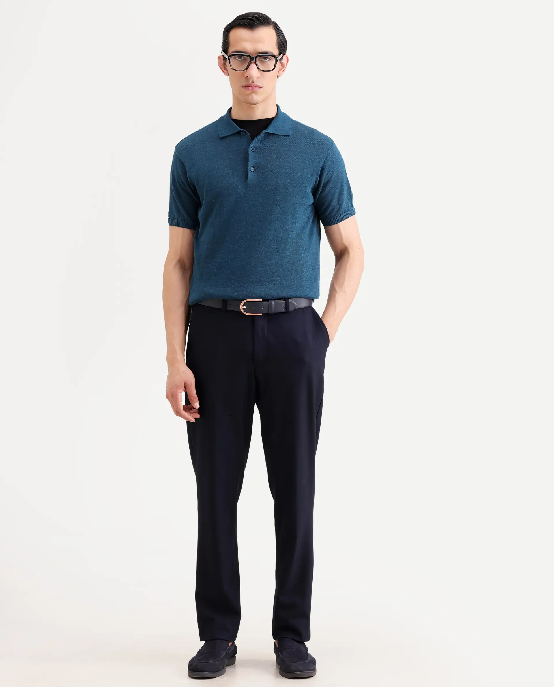 Rare Rabbit Men's Mekko-S26 Dark Teal Linen Blend Fabric Half Sleeve Spread Collar Regular Plain Polo - Image 2