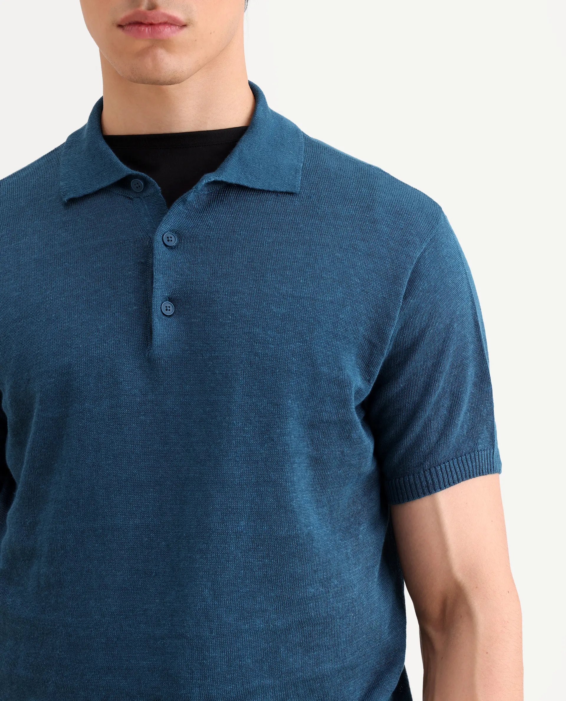 Rare Rabbit Men's Mekko-S26 Dark Teal Linen Blend Fabric Half Sleeve Spread Collar Regular Plain Polo - Image 3