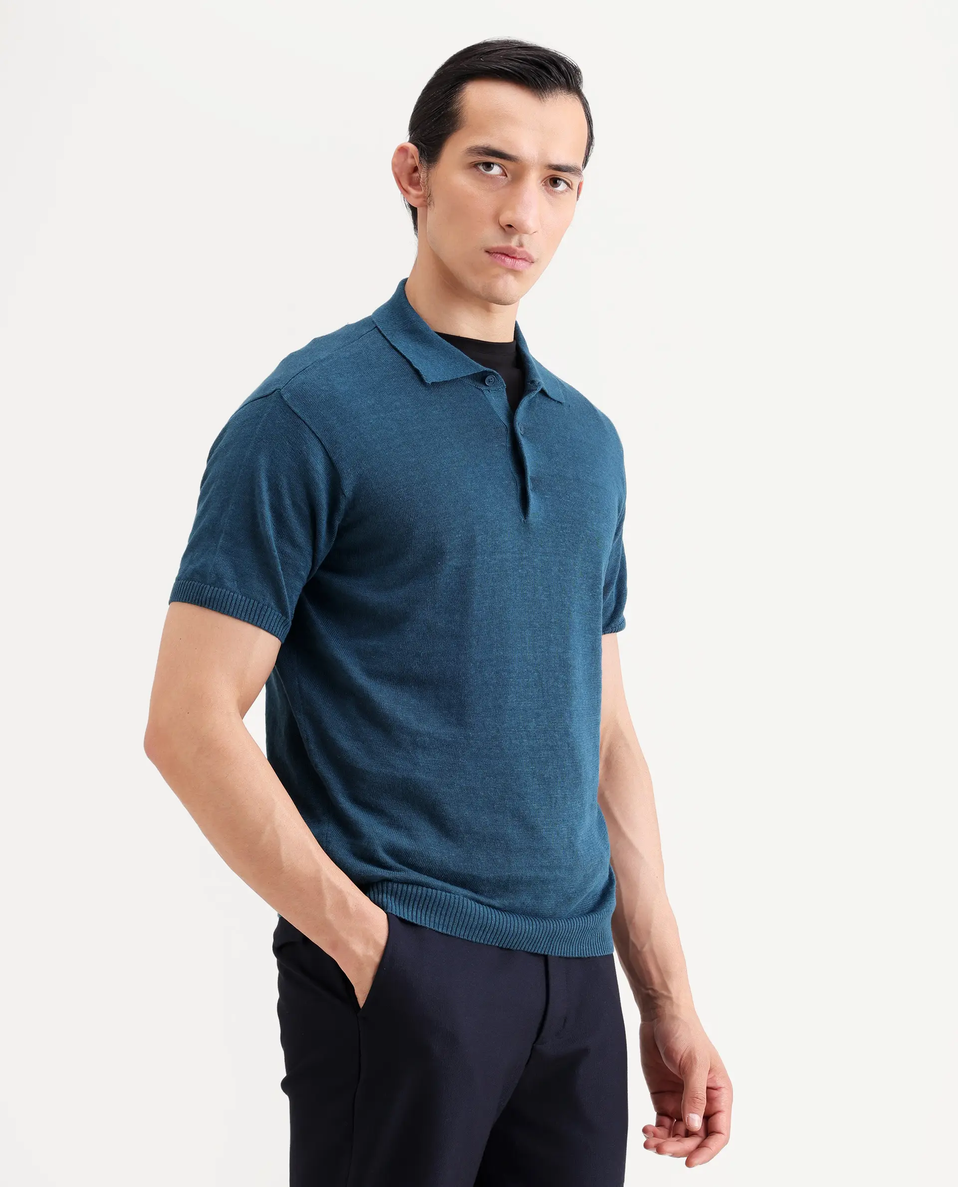 Rare Rabbit Men's Mekko-S26 Dark Teal Linen Blend Fabric Half Sleeve Spread Collar Regular Plain Polo - Image 4