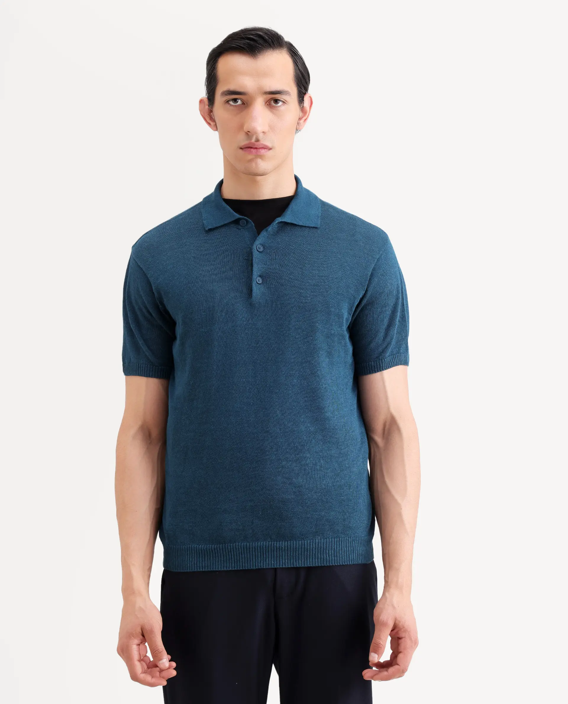 Rare Rabbit Men's Mekko-S26 Dark Teal Linen Blend Fabric Half Sleeve Spread Collar Regular Plain Polo - Image 5