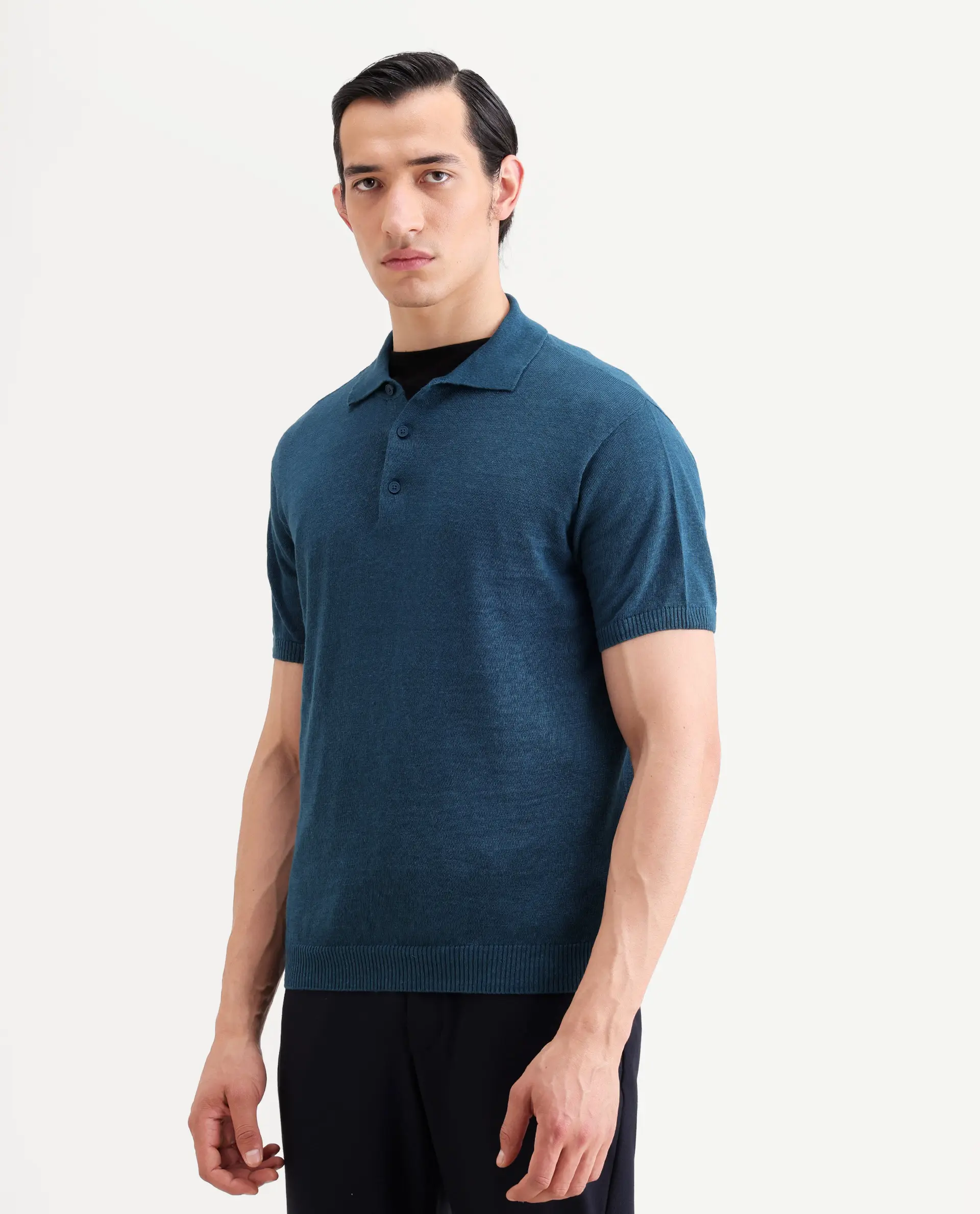 Rare Rabbit Men's Mekko-S26 Dark Teal Linen Blend Fabric Half Sleeve Spread Collar Regular Plain Polo - Image 6