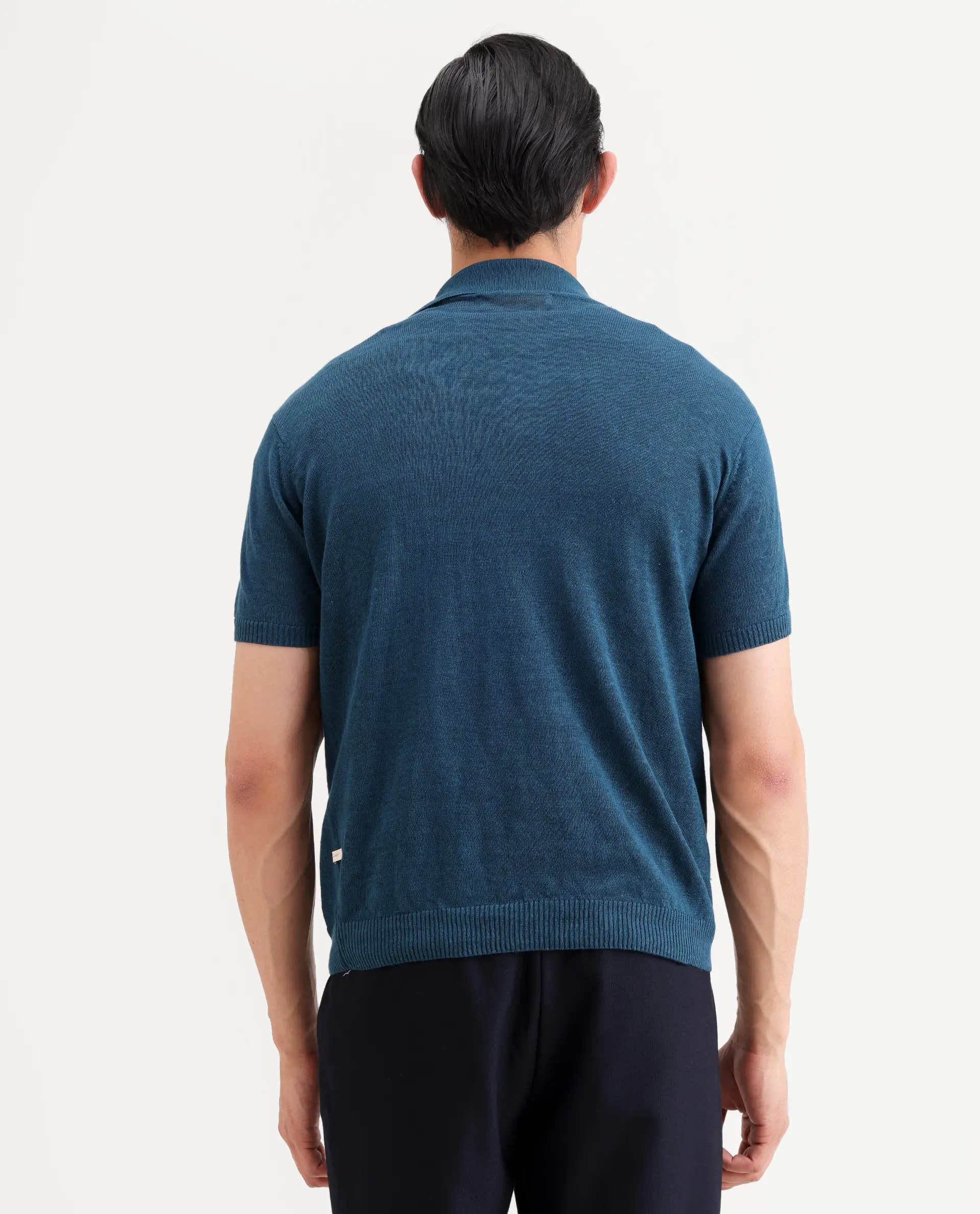 Rare Rabbit Men's Mekko-S26 Dark Teal Linen Blend Fabric Half Sleeve Spread Collar Regular Plain Polo - Image 7