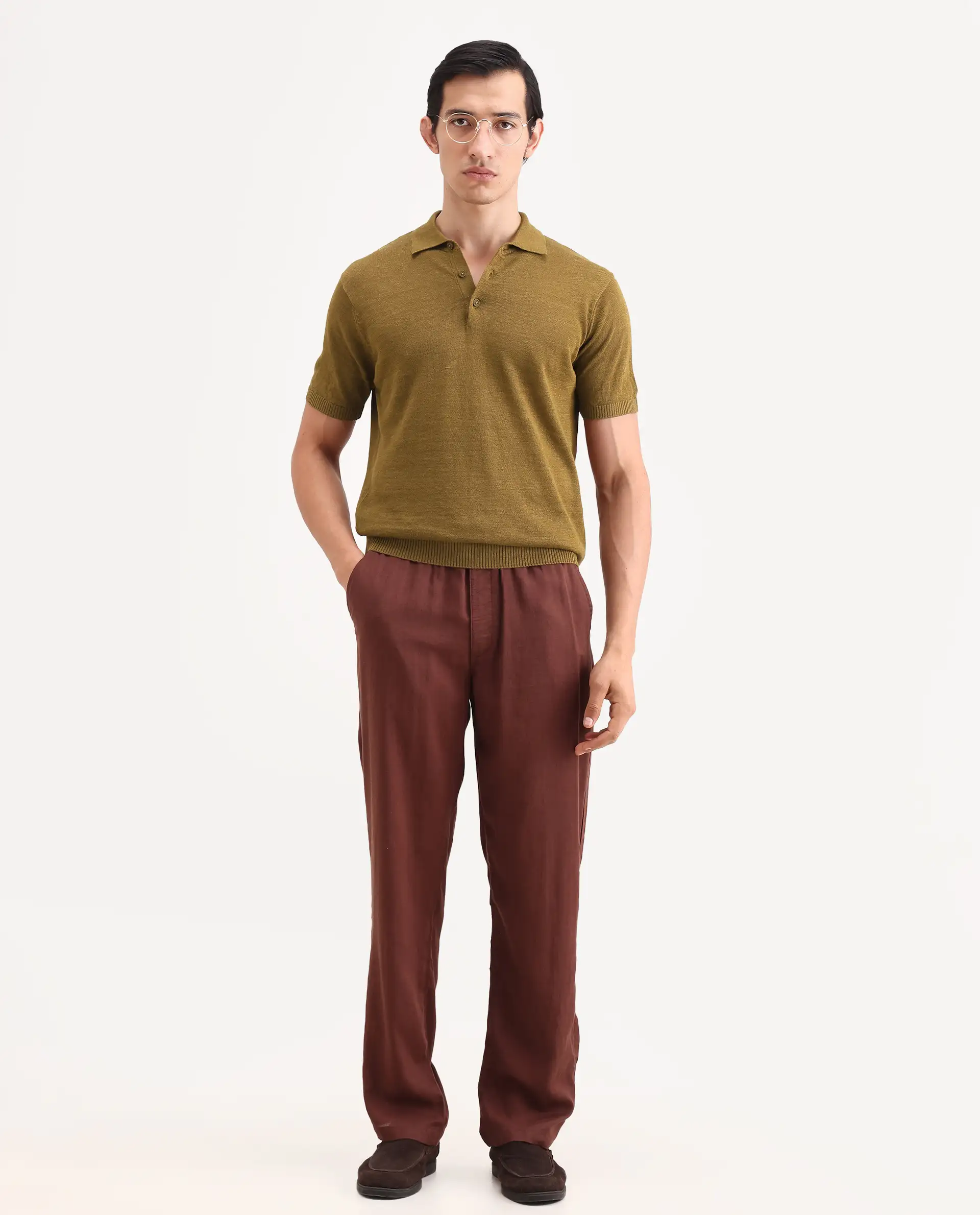 Rare Rabbit Men's Mekko-S26 Dusky Mustard Linen Blend Fabric Half Sleeve Spread Collar Regular Plain Polo - Image 2