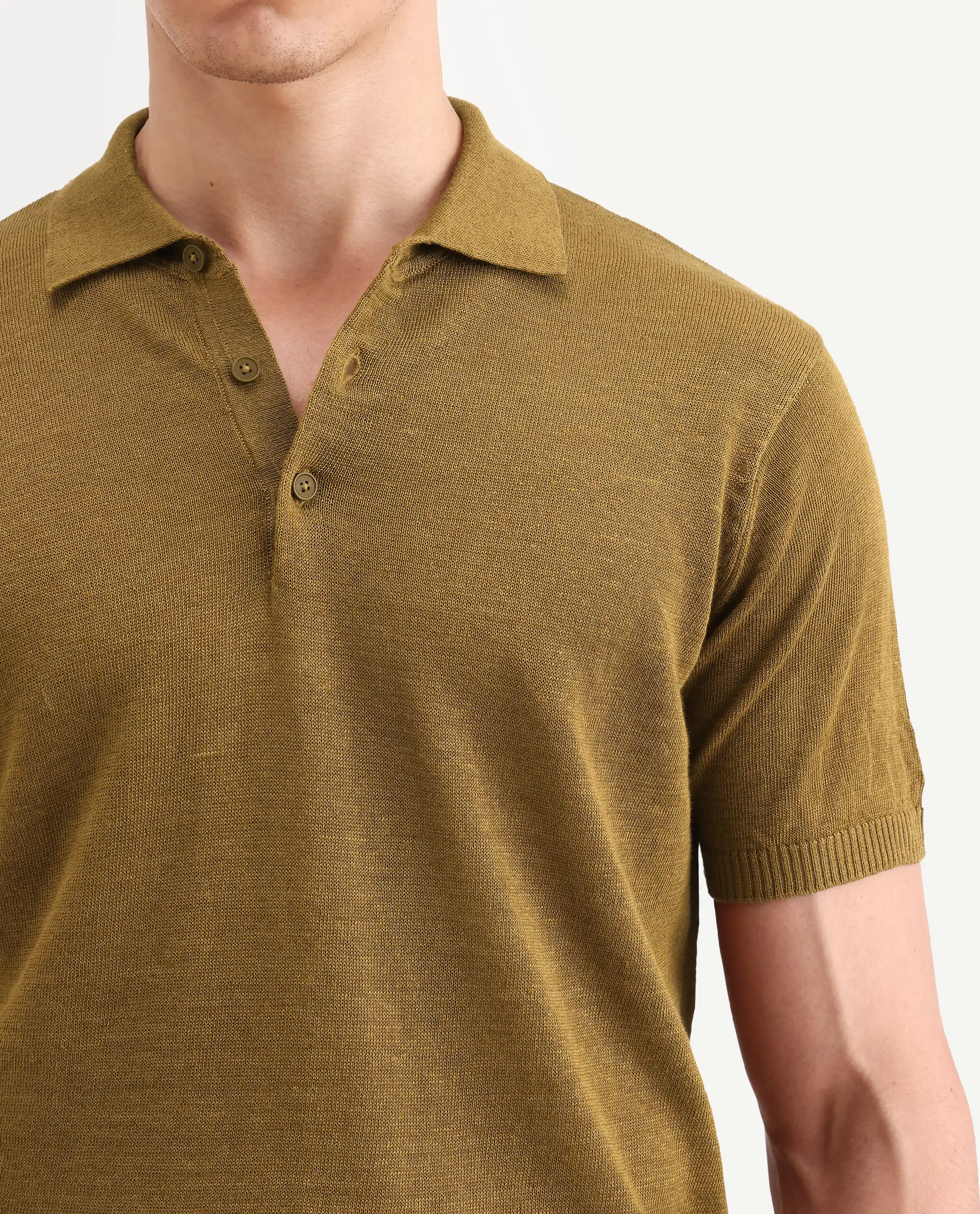 Rare Rabbit Men's Mekko-S26 Dusky Mustard Linen Blend Fabric Half Sleeve Spread Collar Regular Plain Polo - Image 3