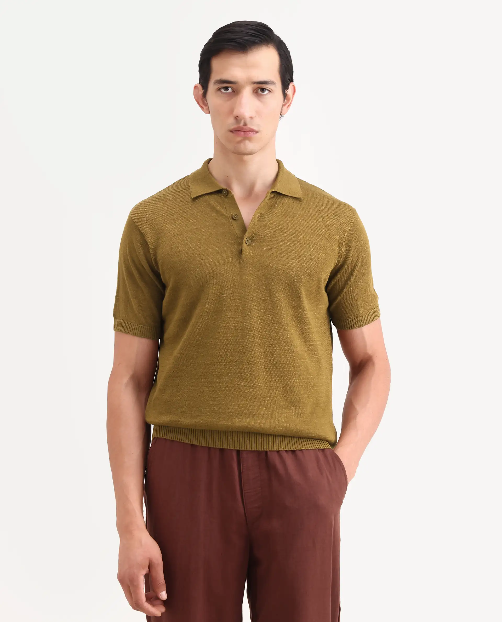 Rare Rabbit Men's Mekko-S26 Dusky Mustard Linen Blend Fabric Half Sleeve Spread Collar Regular Plain Polo - Image 4