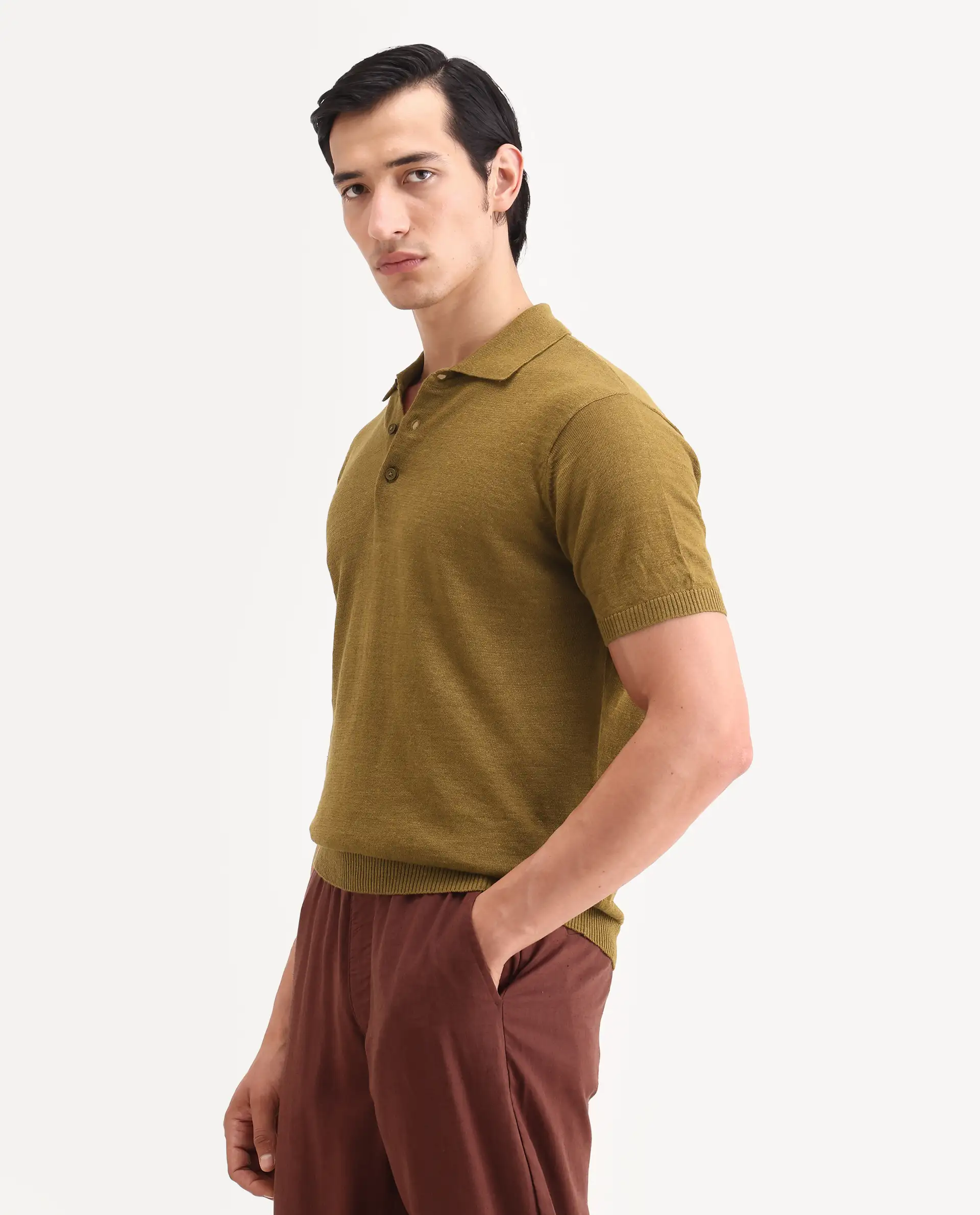 Rare Rabbit Men's Mekko-S26 Dusky Mustard Linen Blend Fabric Half Sleeve Spread Collar Regular Plain Polo - Image 5