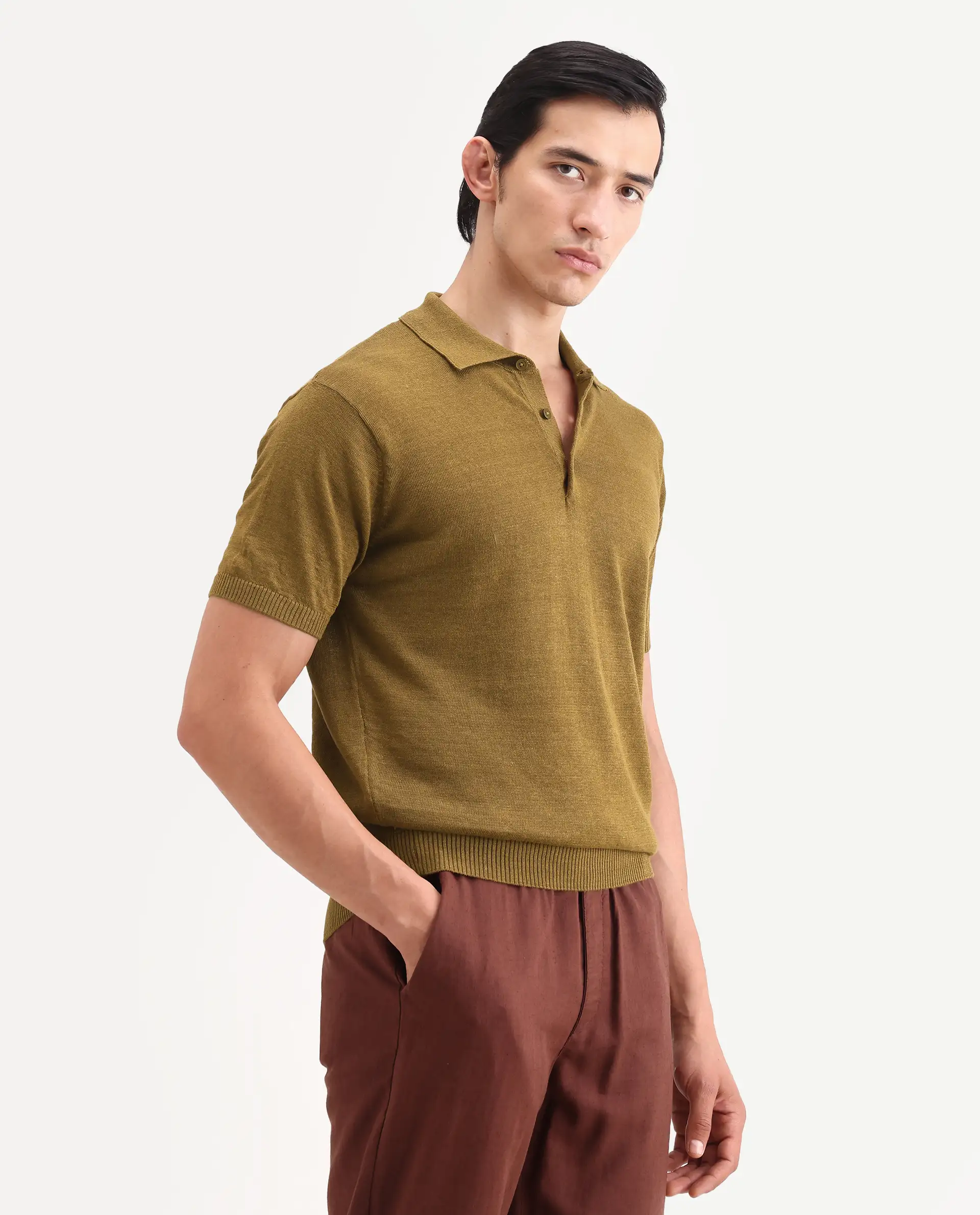 Rare Rabbit Men's Mekko-S26 Dusky Mustard Linen Blend Fabric Half Sleeve Spread Collar Regular Plain Polo - Image 6