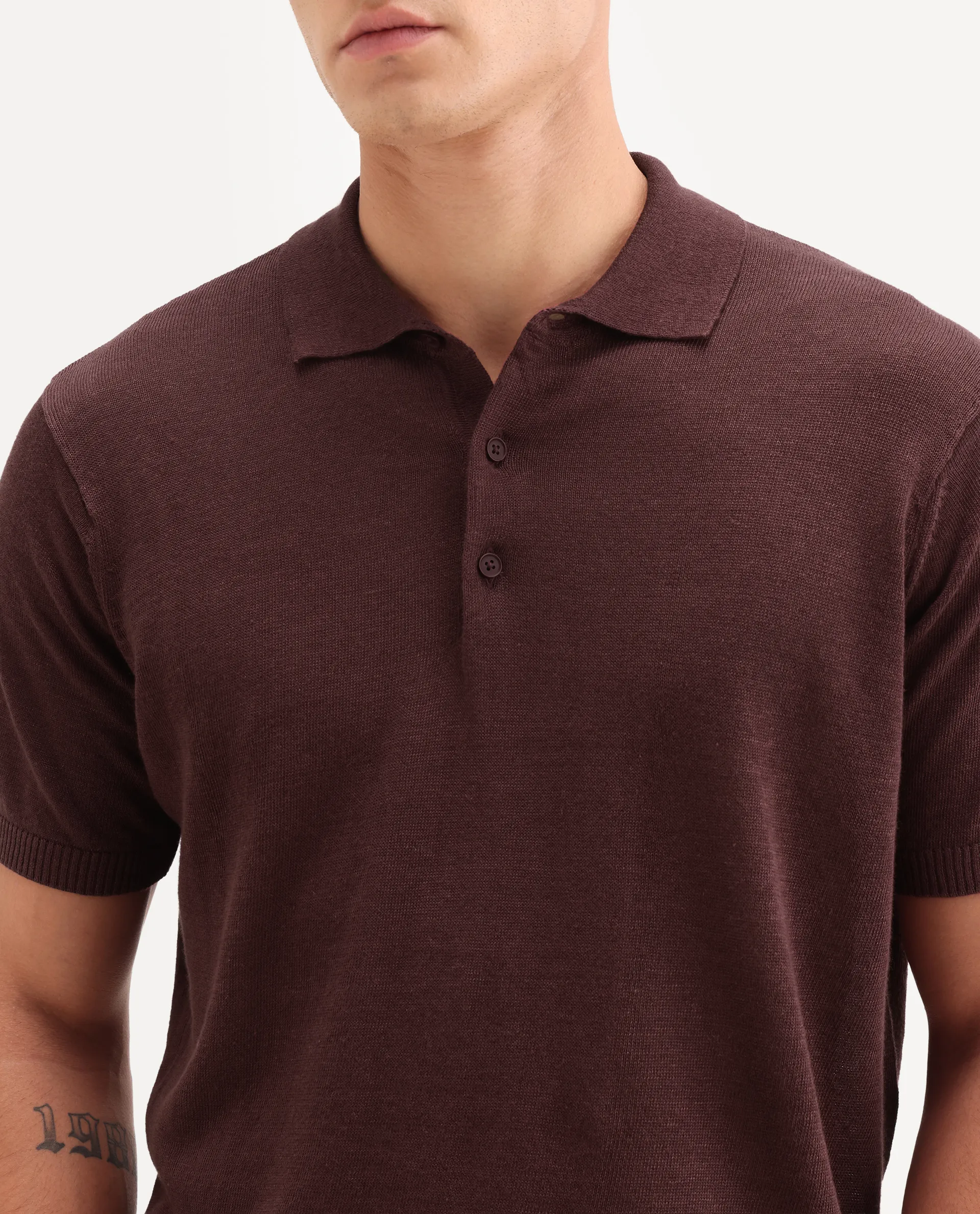 Rare Rabbit Men's Mekko-S26 Dusky Red Linen Blend Fabric Half Sleeve Spread Collar Regular Plain Polo - Image 3