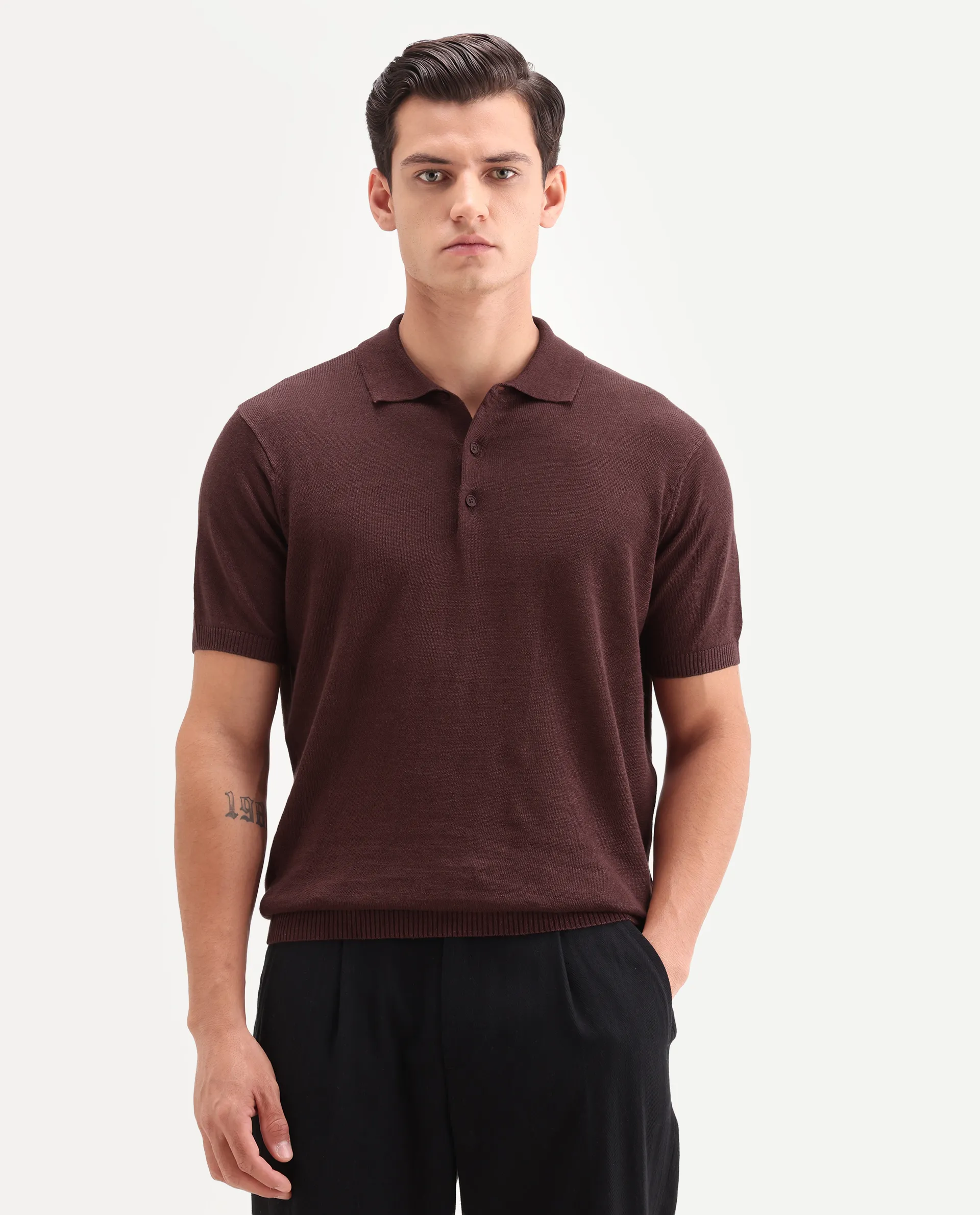 Rare Rabbit Men's Mekko-S26 Dusky Red Linen Blend Fabric Half Sleeve Spread Collar Regular Plain Polo - Image 4