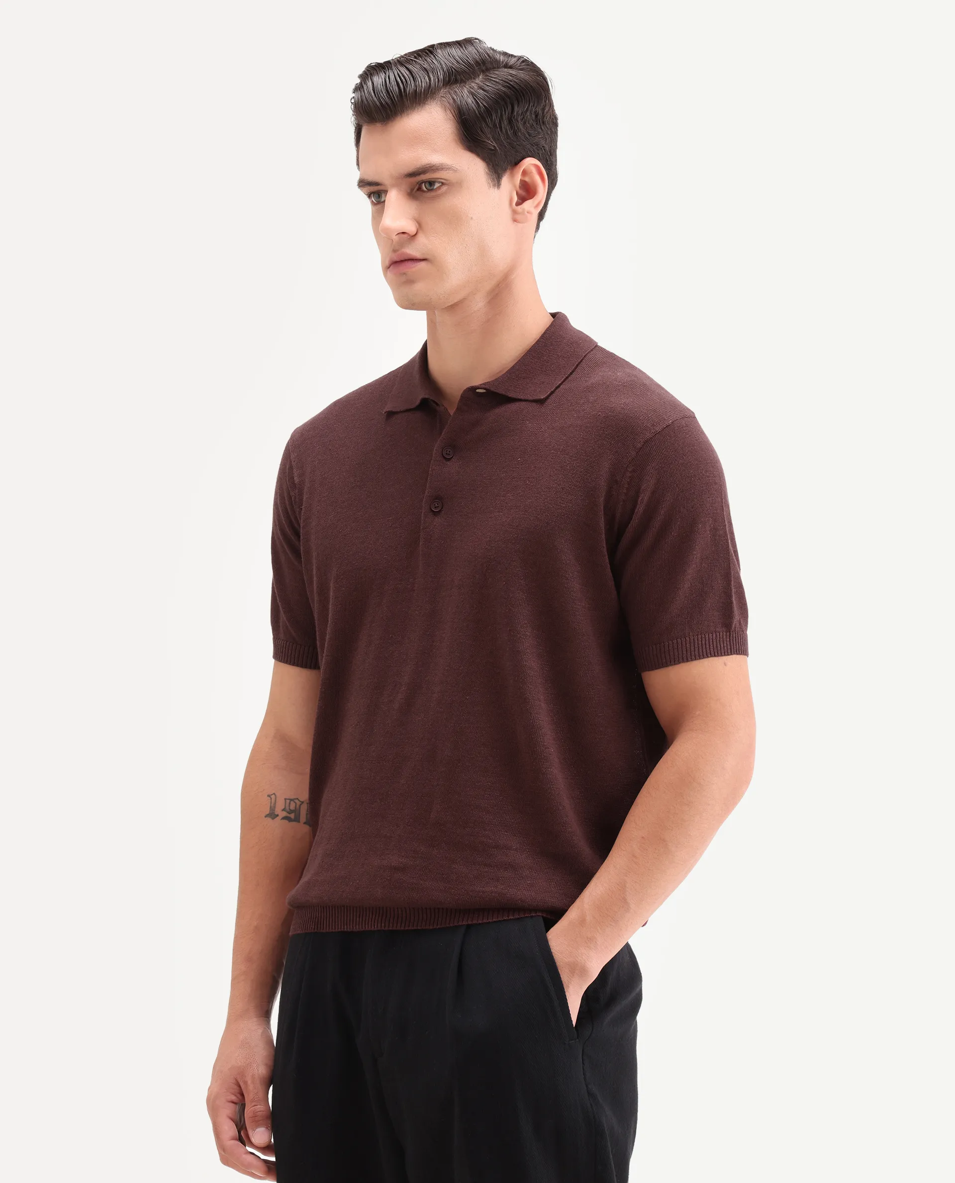 Rare Rabbit Men's Mekko-S26 Dusky Red Linen Blend Fabric Half Sleeve Spread Collar Regular Plain Polo - Image 5