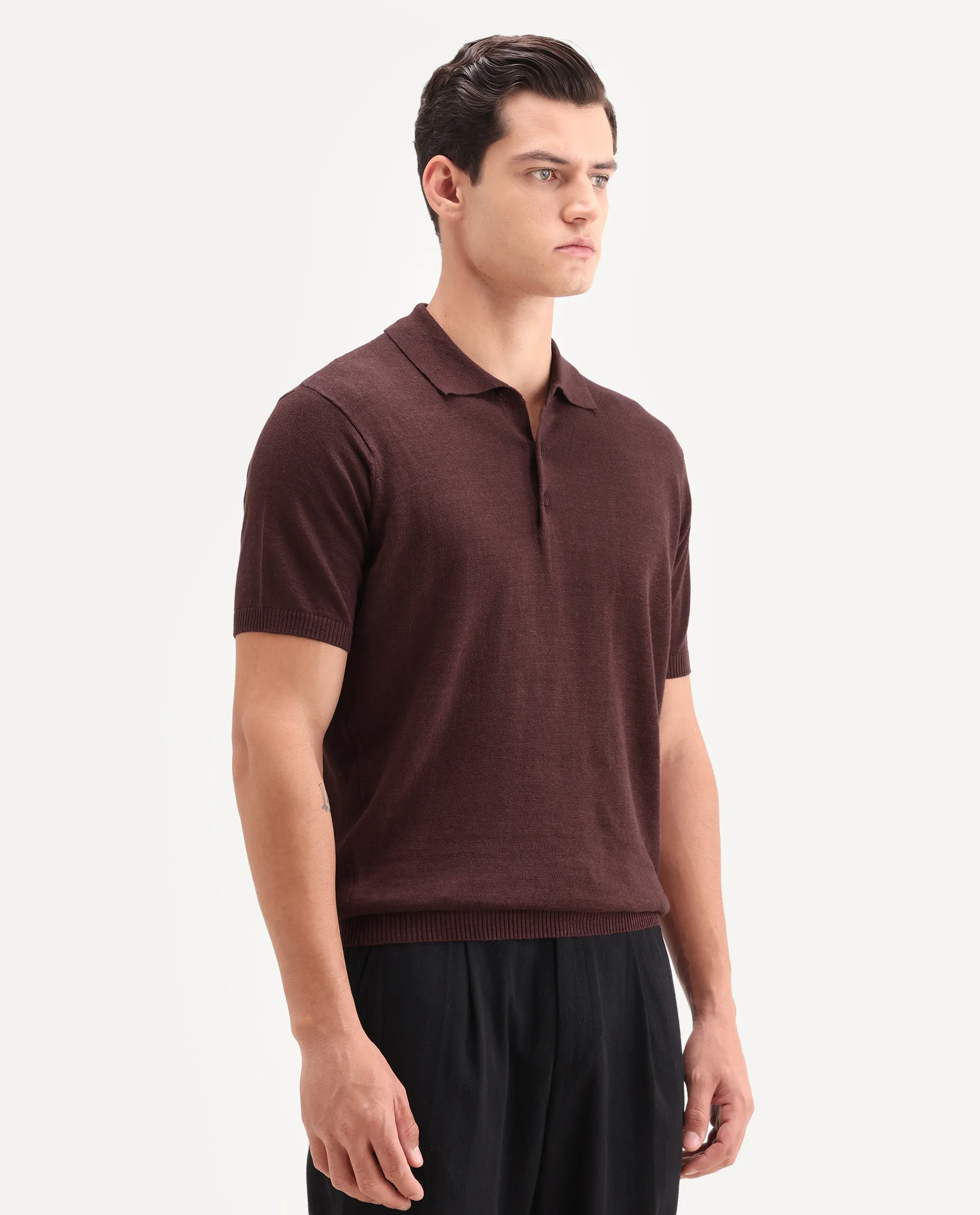 Rare Rabbit Men's Mekko-S26 Dusky Red Linen Blend Fabric Half Sleeve Spread Collar Regular Plain Polo - Image 6