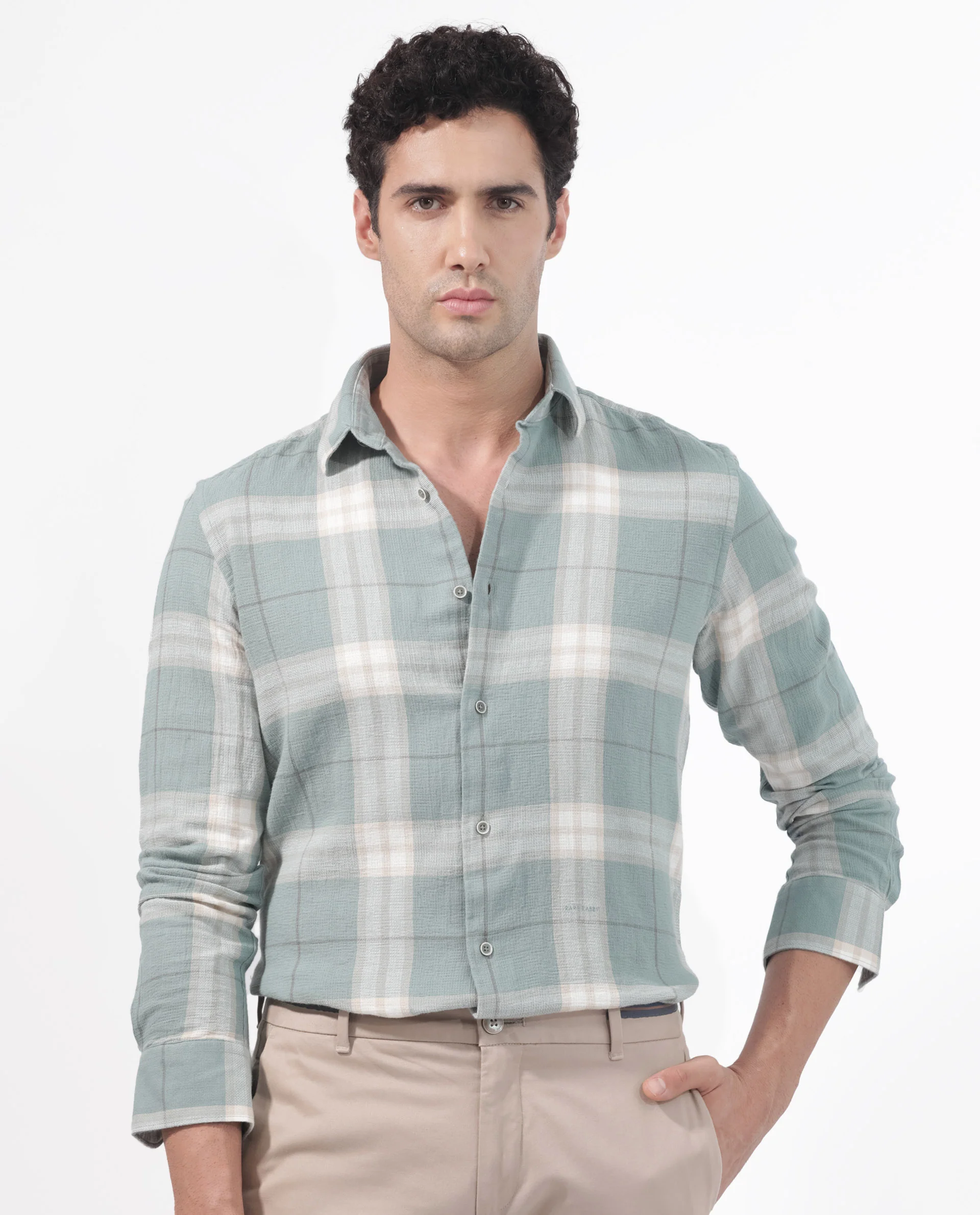 Rare Rabbit Men's Melfi Teal Cotton Checked Print Regular Fit Full Sleeve Collared Shirt - Image 11