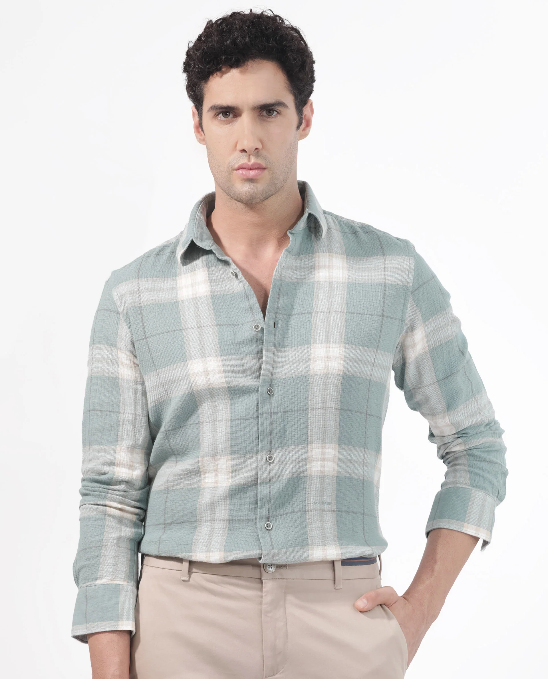 Rare Rabbit Men's Melfi Teal Cotton Checked Print Regular Fit Full Sleeve Collared Shirt - Image 2