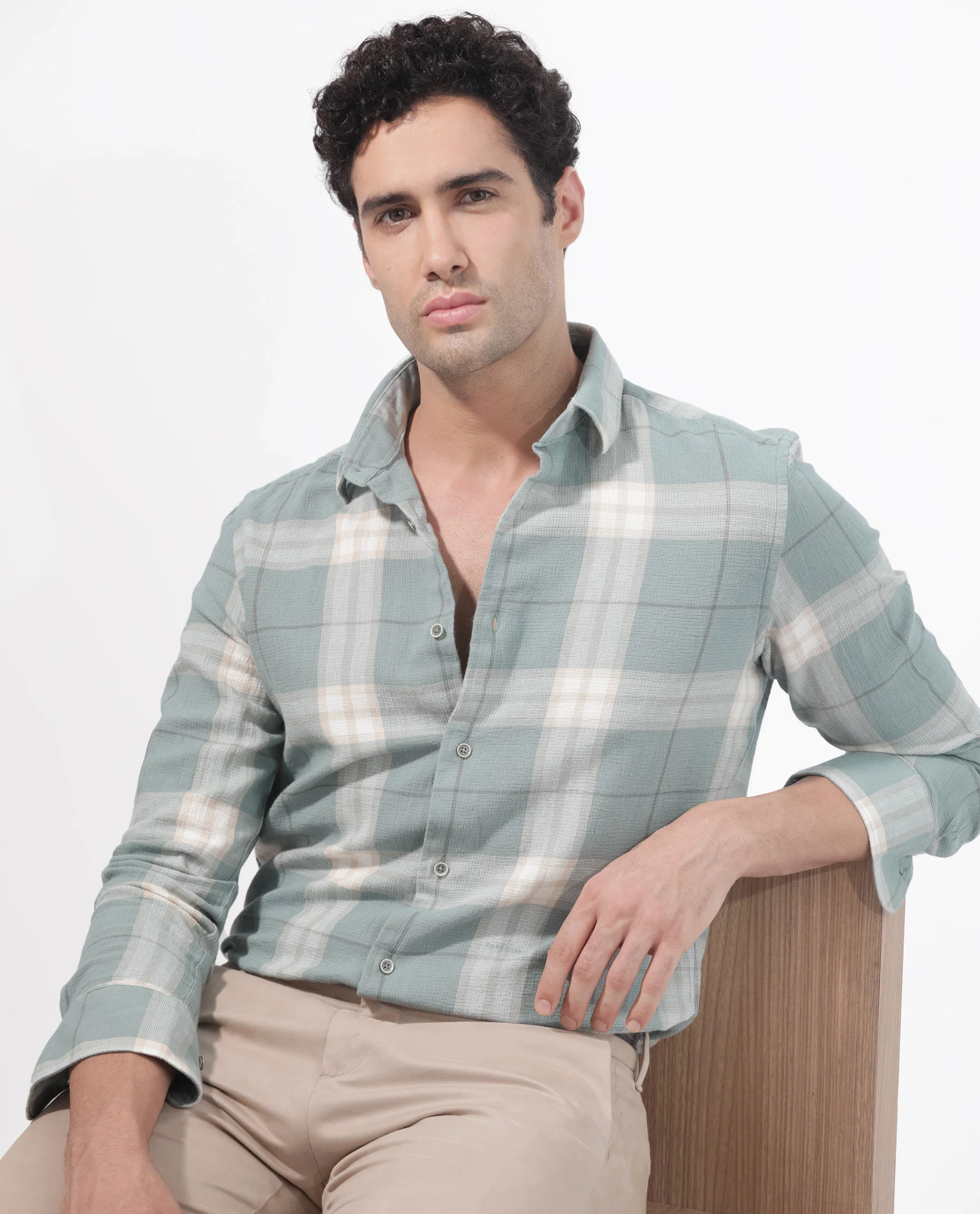 Rare Rabbit Men's Melfi Teal Cotton Checked Print Regular Fit Full Sleeve Collared Shirt - Image 6