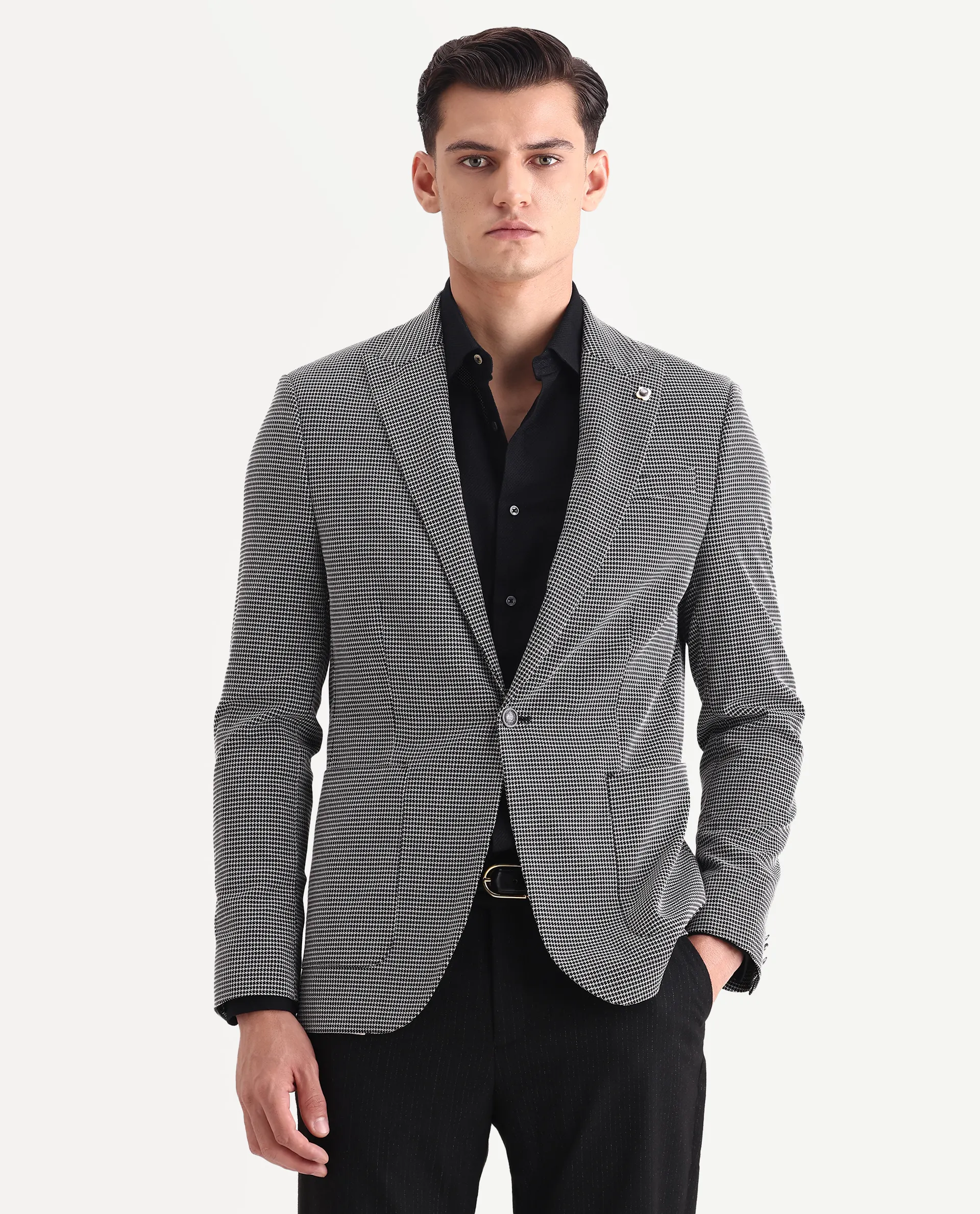 Rare Rabbit Men's Mellion Black Polyester Jacquard Tailored Fit Full Sleeve Lapel Neck Blazer