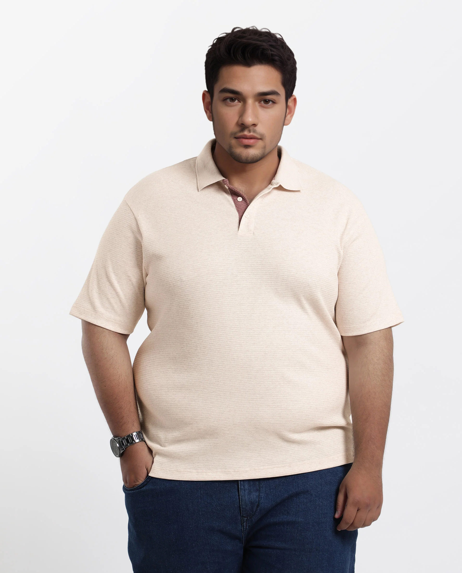 Rare Rabbit Men Mello-Big Beige Cotton Blend Half Sleeve Spread Collar Button Closure Plain Polo Plus Size