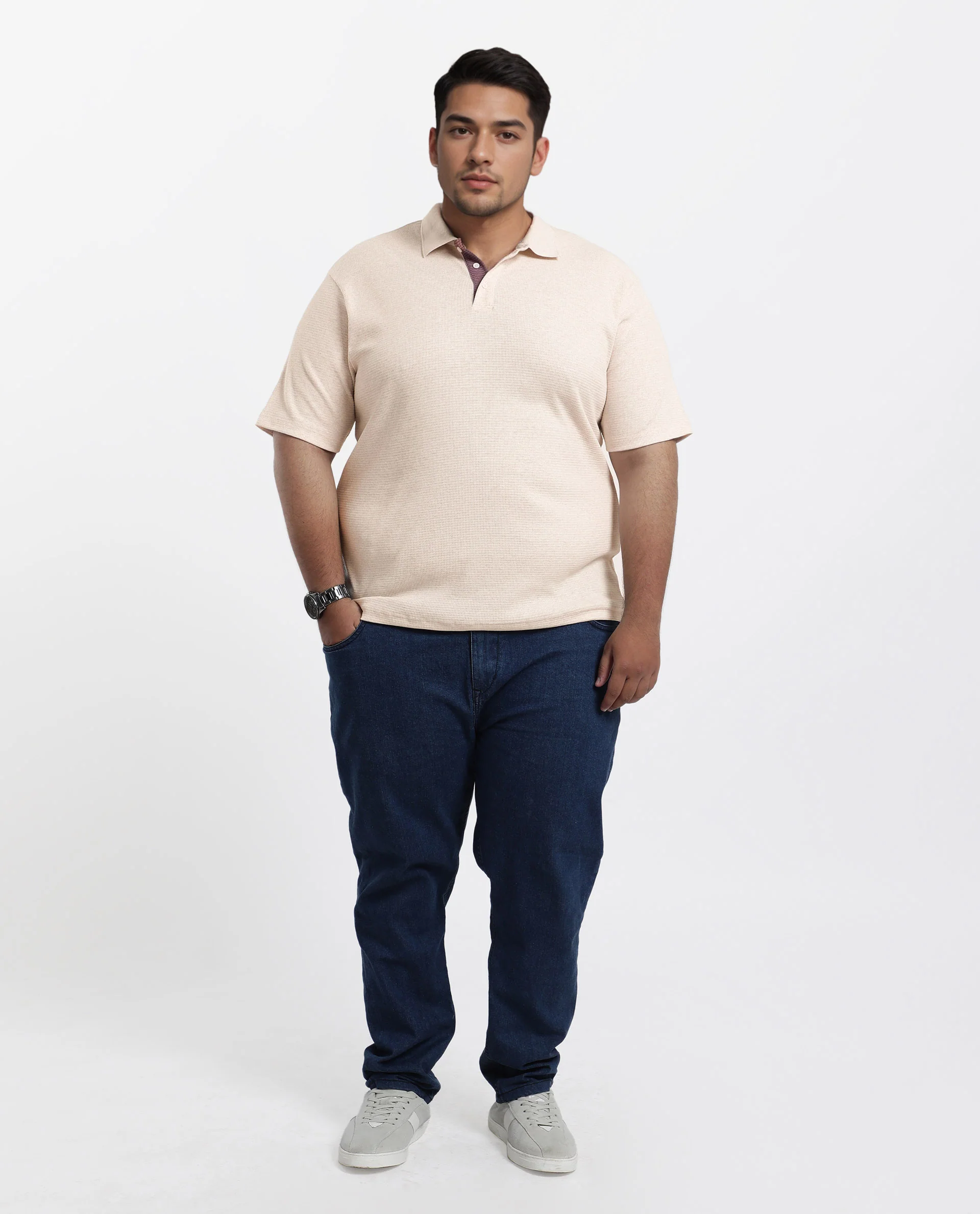 Rare Rabbit Men Mello-Big Beige Cotton Blend Half Sleeve Spread Collar Button Closure Plain Polo Plus Size - Image 2