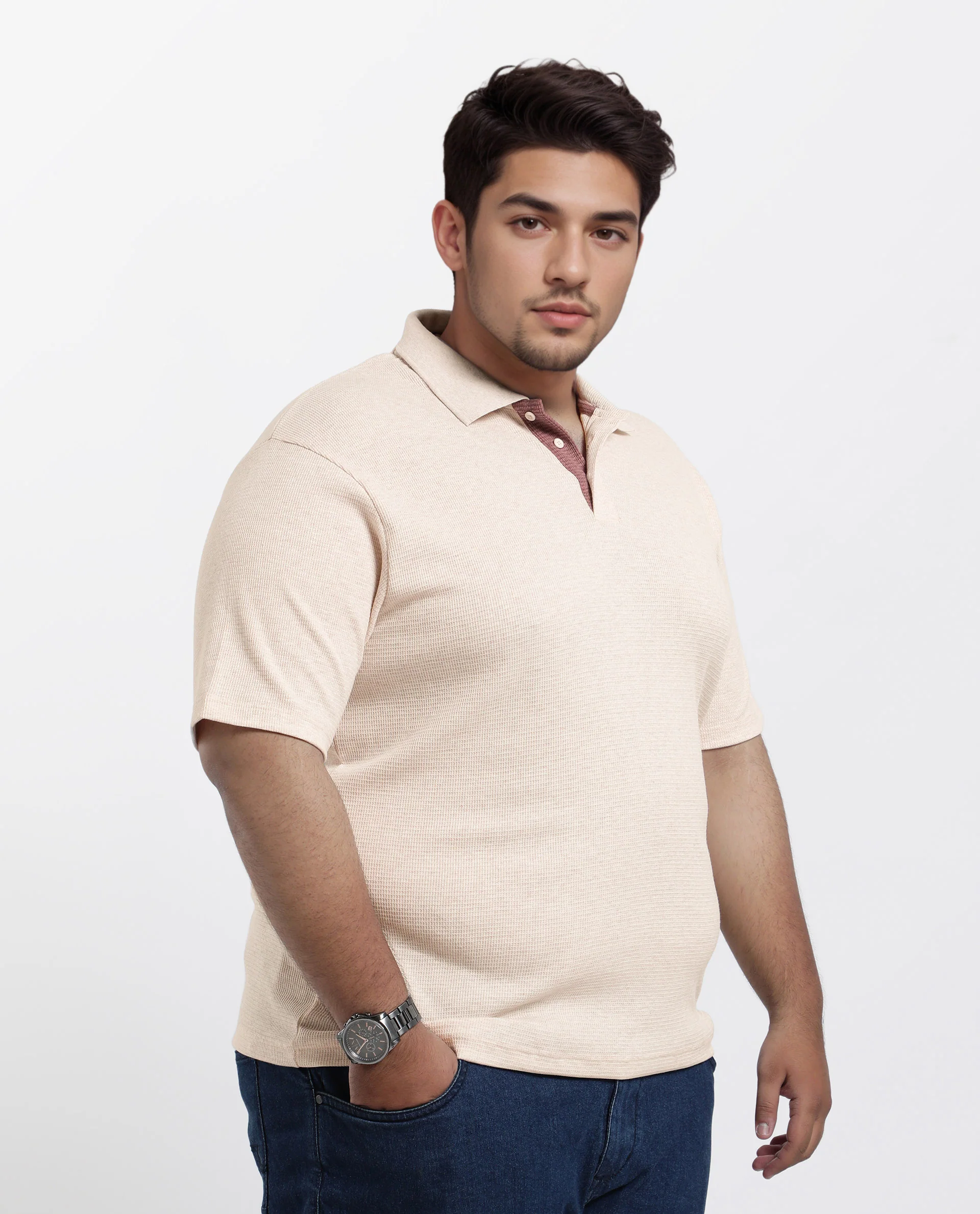 Rare Rabbit Men Mello-Big Beige Cotton Blend Half Sleeve Spread Collar Button Closure Plain Polo Plus Size - Image 3