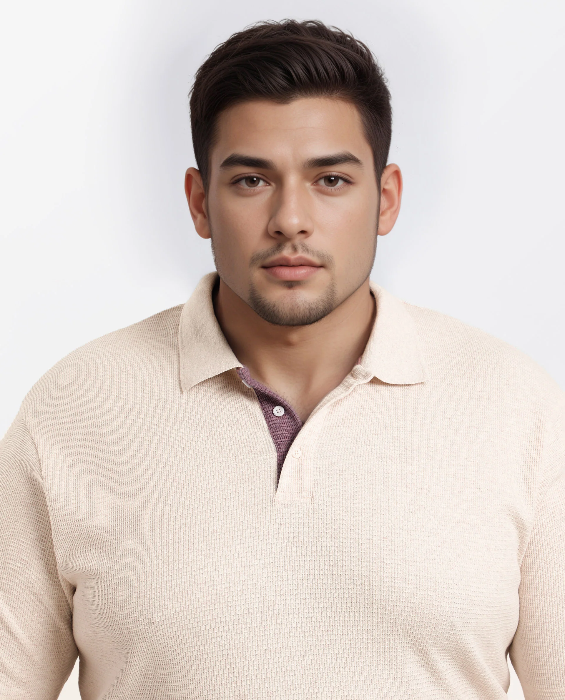 Rare Rabbit Men Mello-Big Beige Cotton Blend Half Sleeve Spread Collar Button Closure Plain Polo Plus Size - Image 4