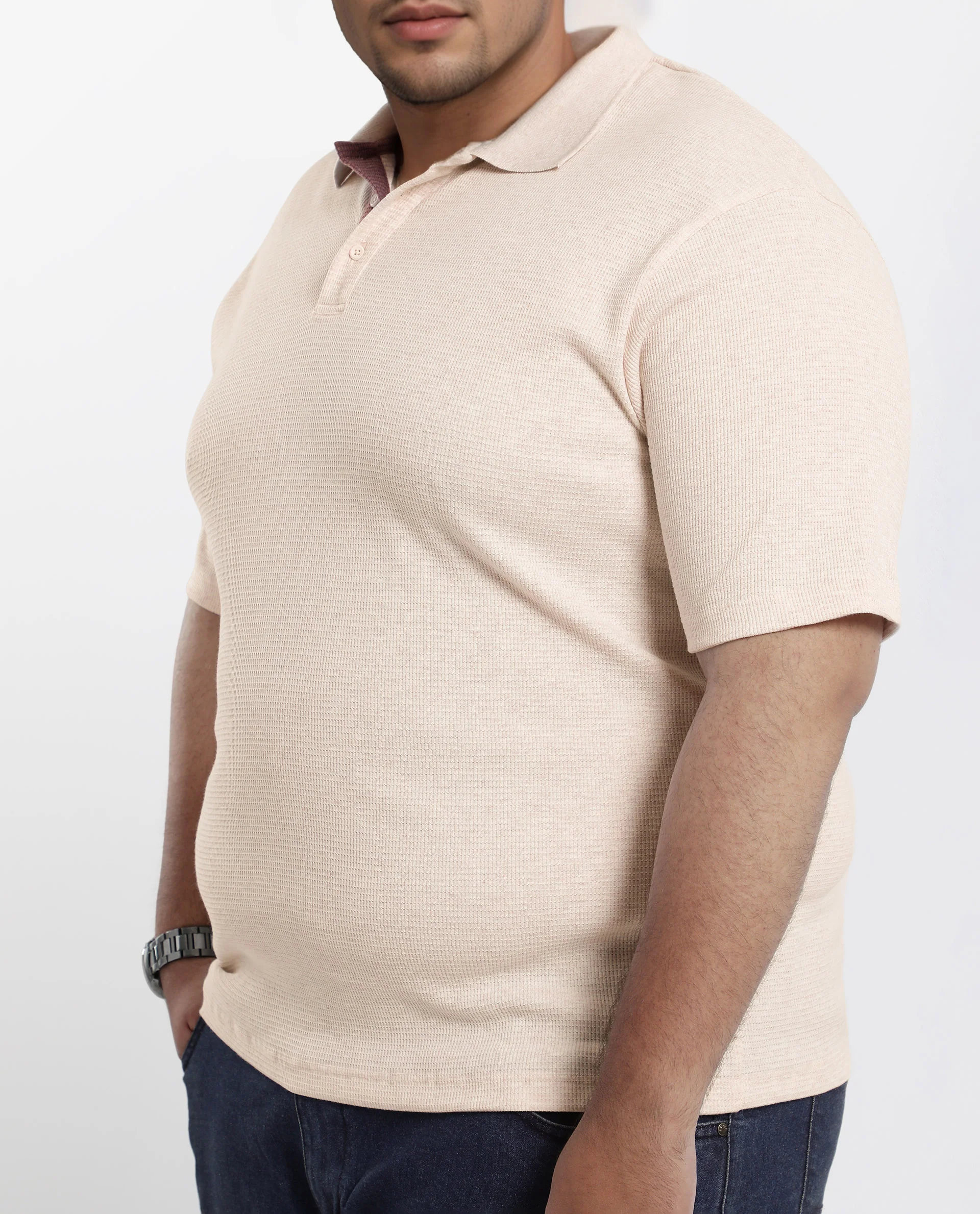 Rare Rabbit Men Mello-Big Beige Cotton Blend Half Sleeve Spread Collar Button Closure Plain Polo Plus Size - Image 5