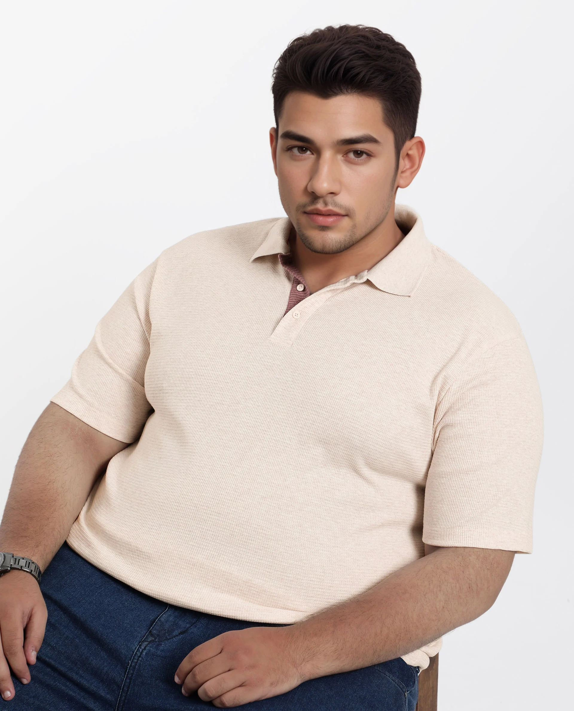 Rare Rabbit Men Mello-Big Beige Cotton Blend Half Sleeve Spread Collar Button Closure Plain Polo Plus Size - Image 7