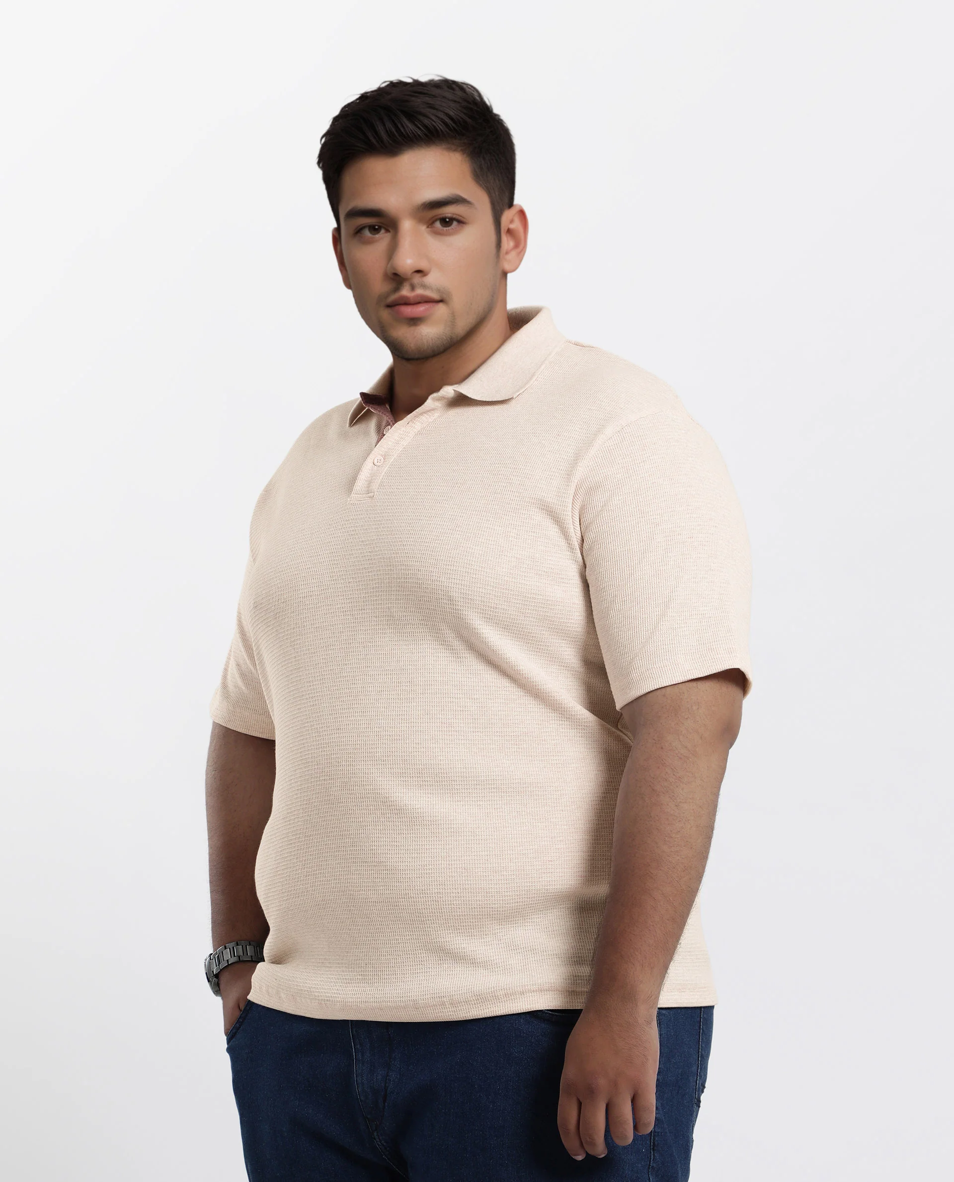 Rare Rabbit Men Mello-Big Beige Cotton Blend Half Sleeve Spread Collar Button Closure Plain Polo Plus Size - Image 8