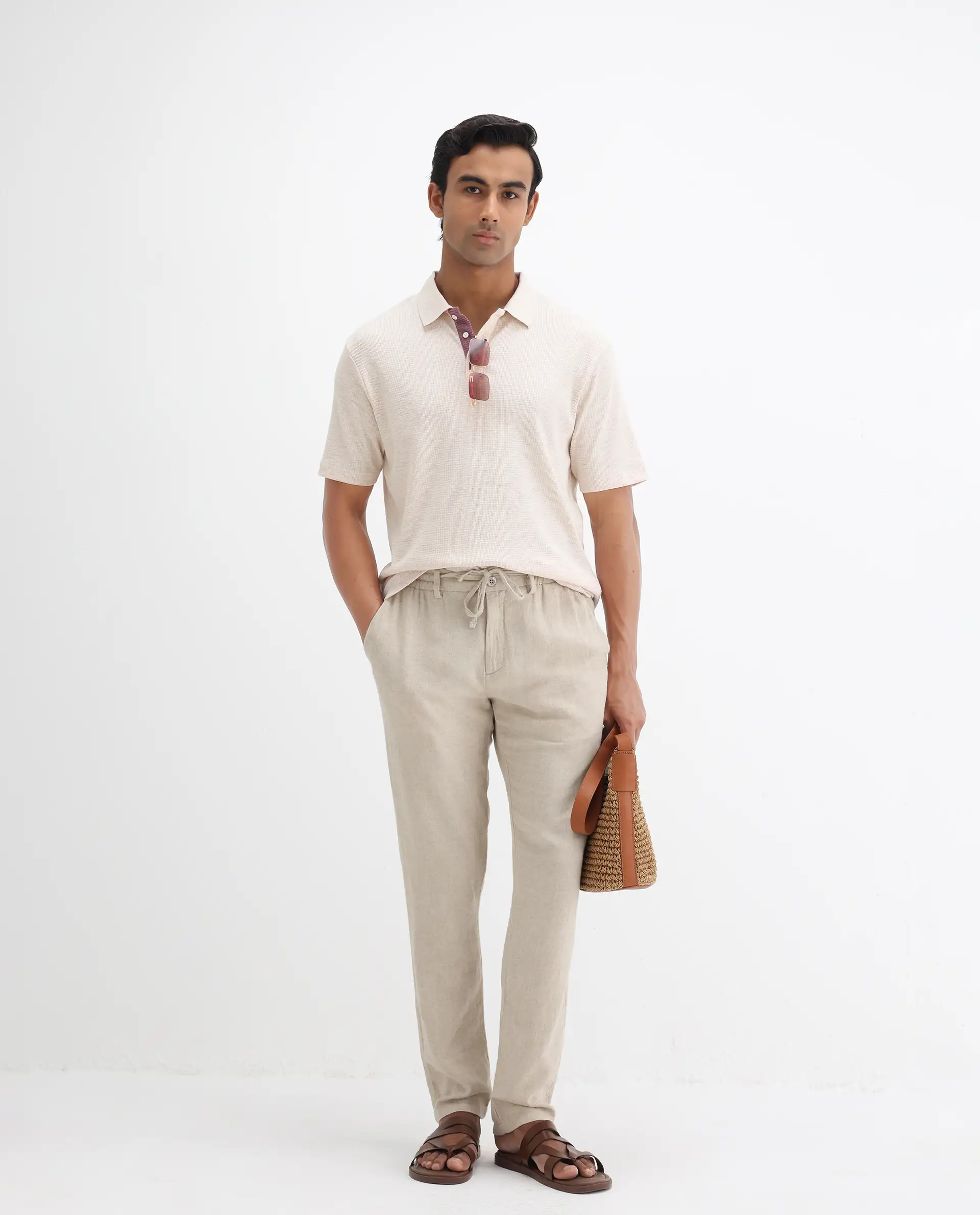 Rare Rabbit Men's Mello Beige Cotton Plain Regular Fit Half Sleeve Polo - Image 2