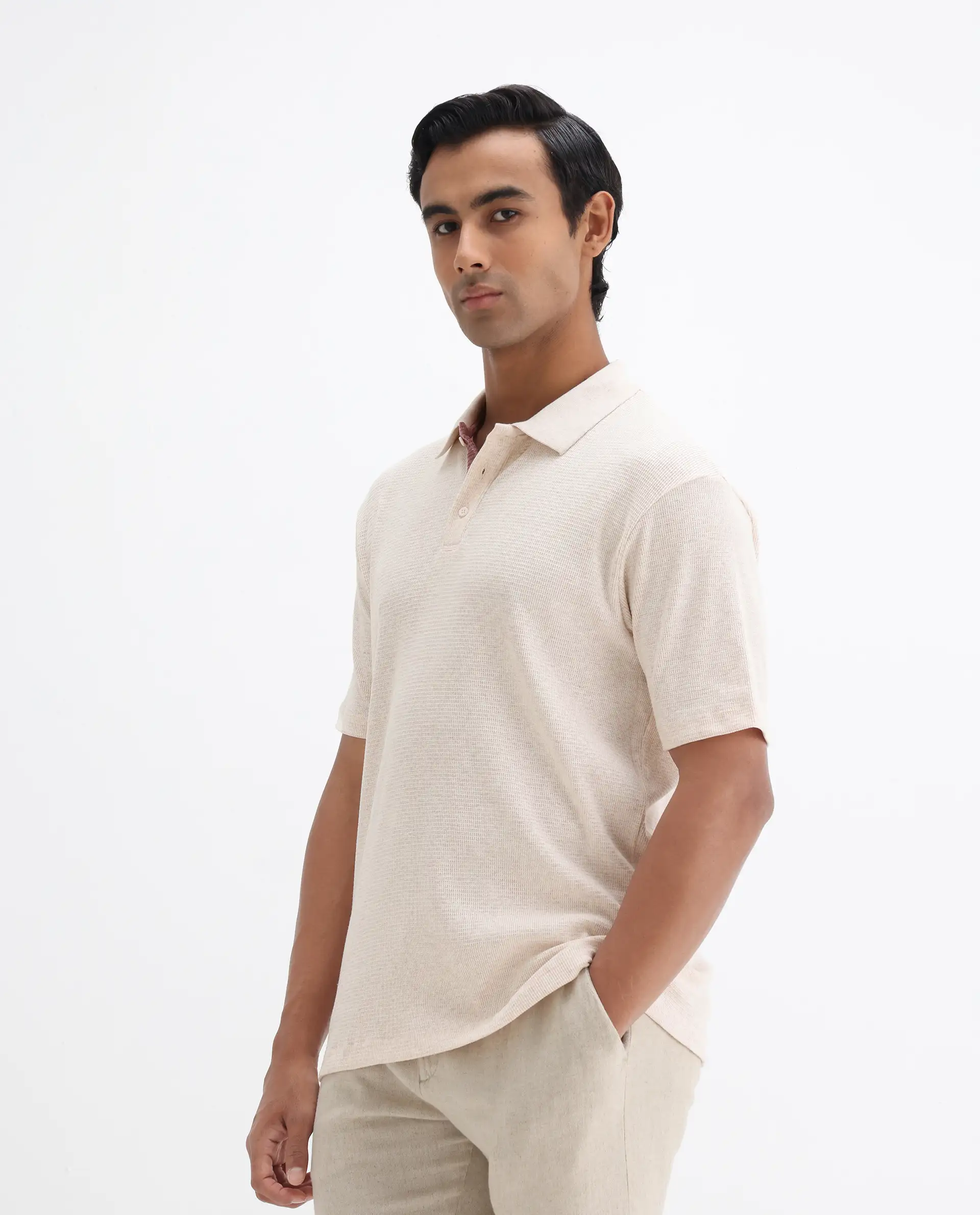 Rare Rabbit Men's Mello Beige Cotton Plain Regular Fit Half Sleeve Polo - Image 3