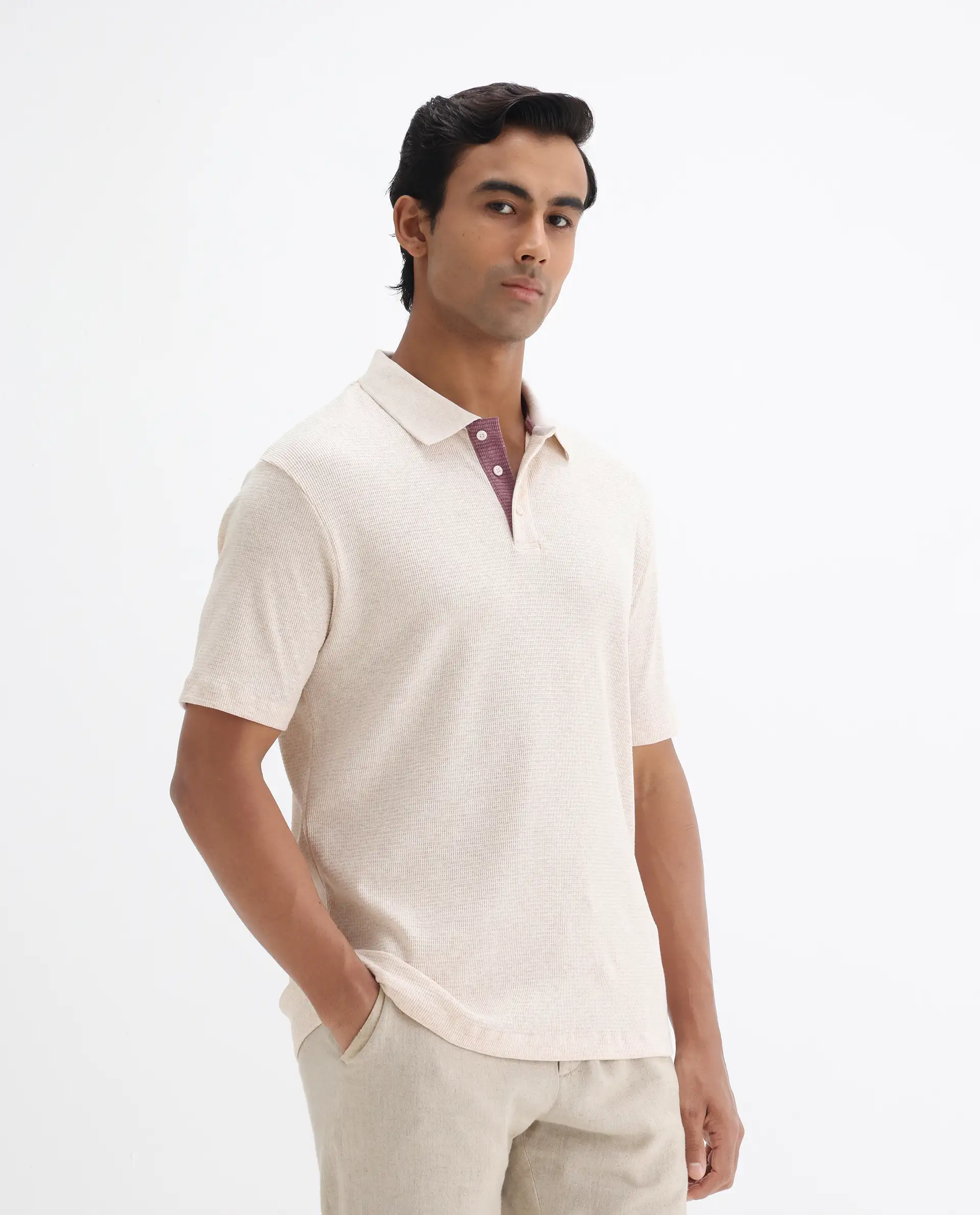 Rare Rabbit Men's Mello Beige Cotton Plain Regular Fit Half Sleeve Polo - Image 4