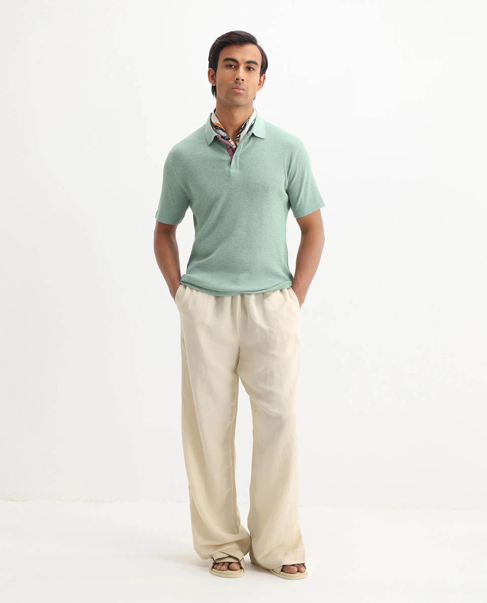 Rare Rabbit Men's Mello Dusky Green Cotton Plain Regular Fit Half Sleeve Polo - Image 2