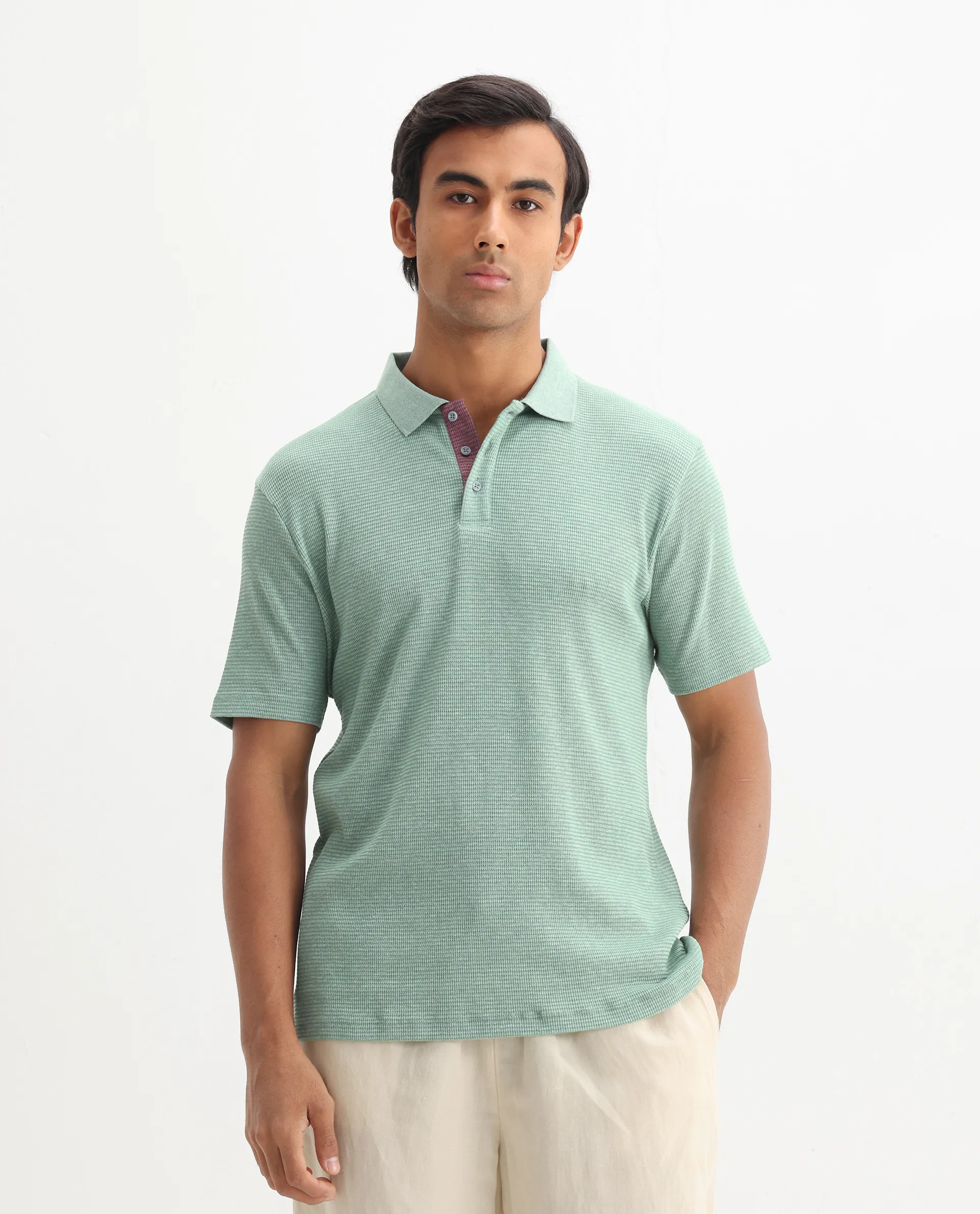 Rare Rabbit Men's Mello Dusky Green Cotton Plain Regular Fit Half Sleeve Polo - Image 3